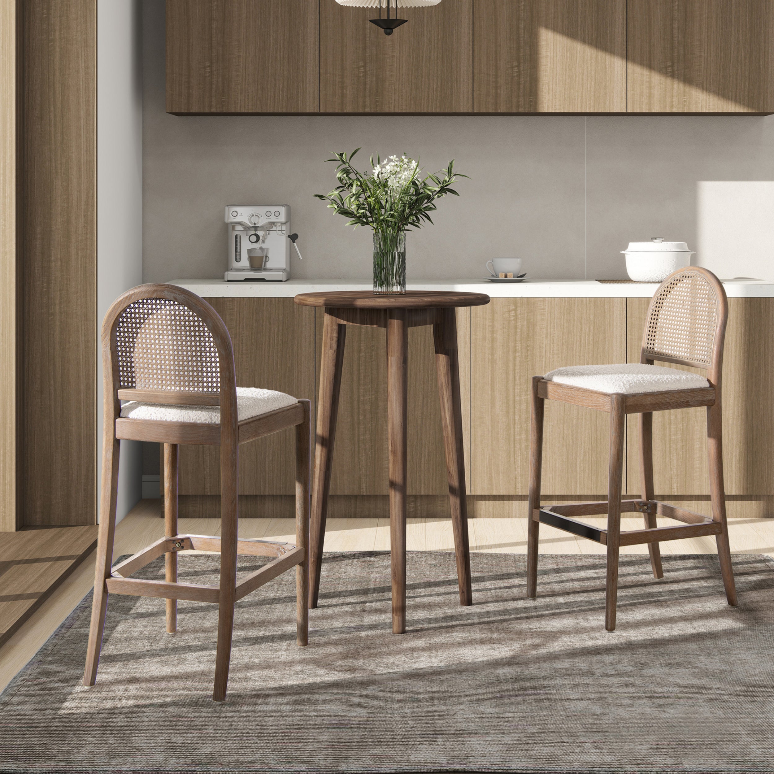 Bar Stool Set of 2, Cane Back with Ivory Boucle Seat, Oak Frame