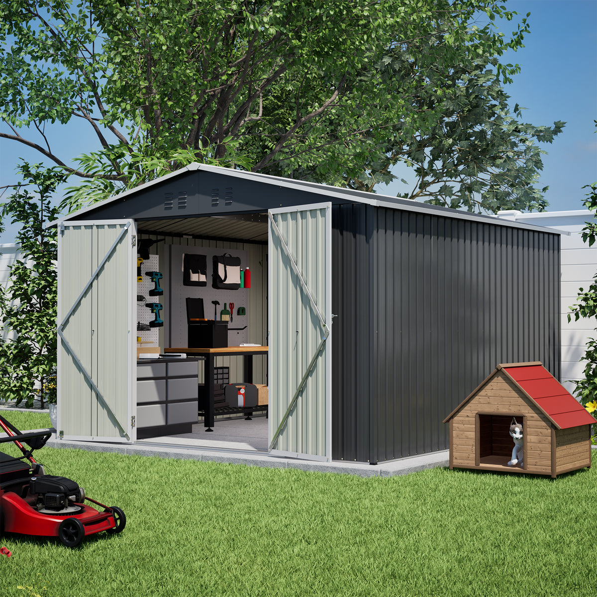 10x10 ft Black Metal Storage Shed with Lockable Doors