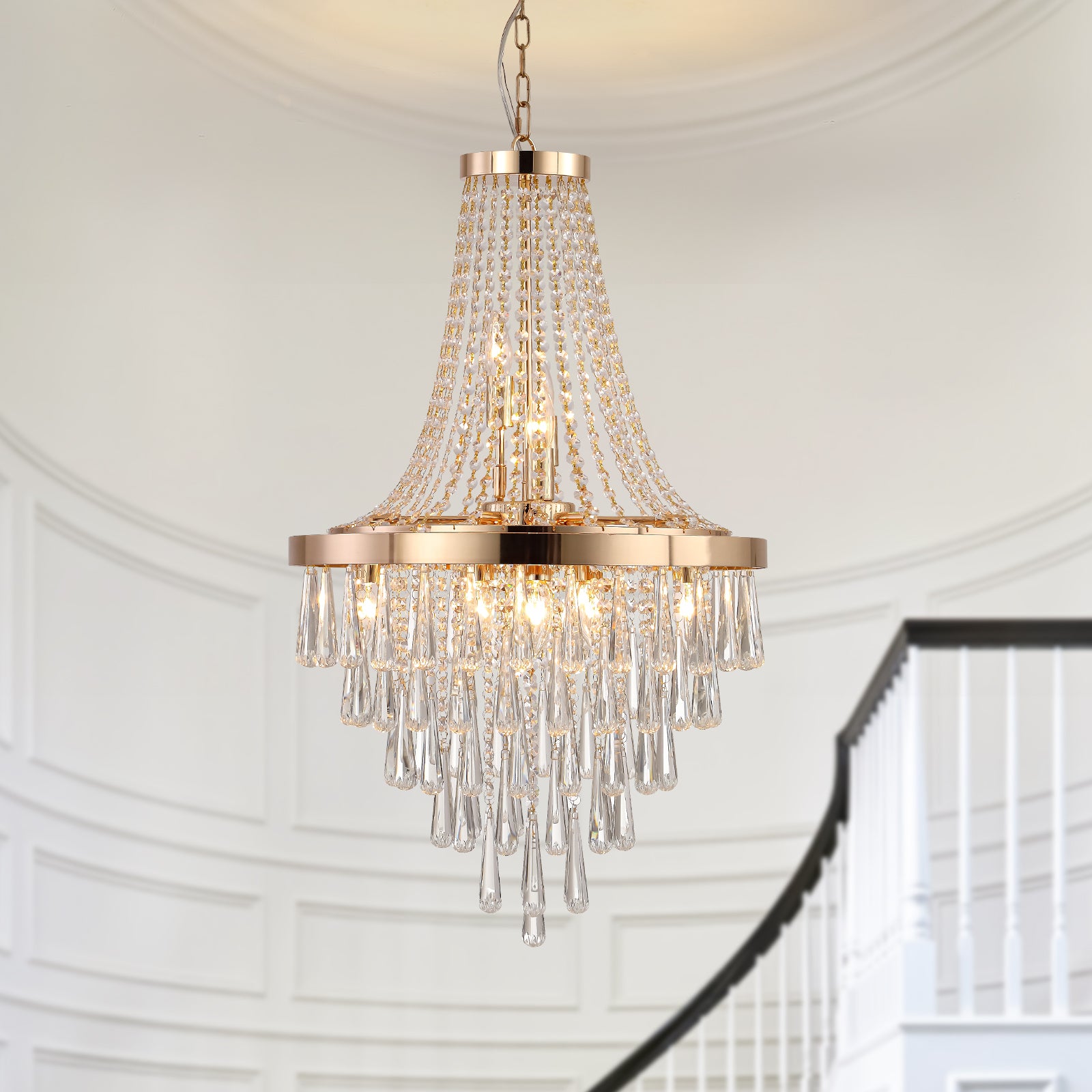 Chandelier, 11-Light Crystal, Iron Frame, Gold