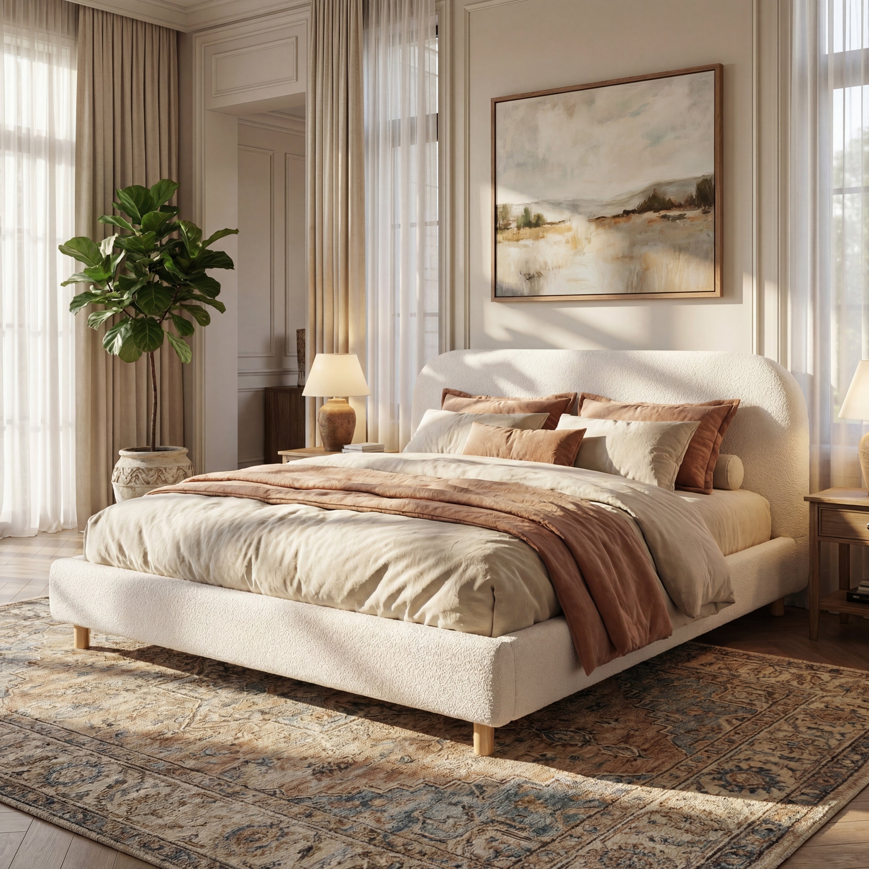 White Boucle California King Platform Bed with Headboard