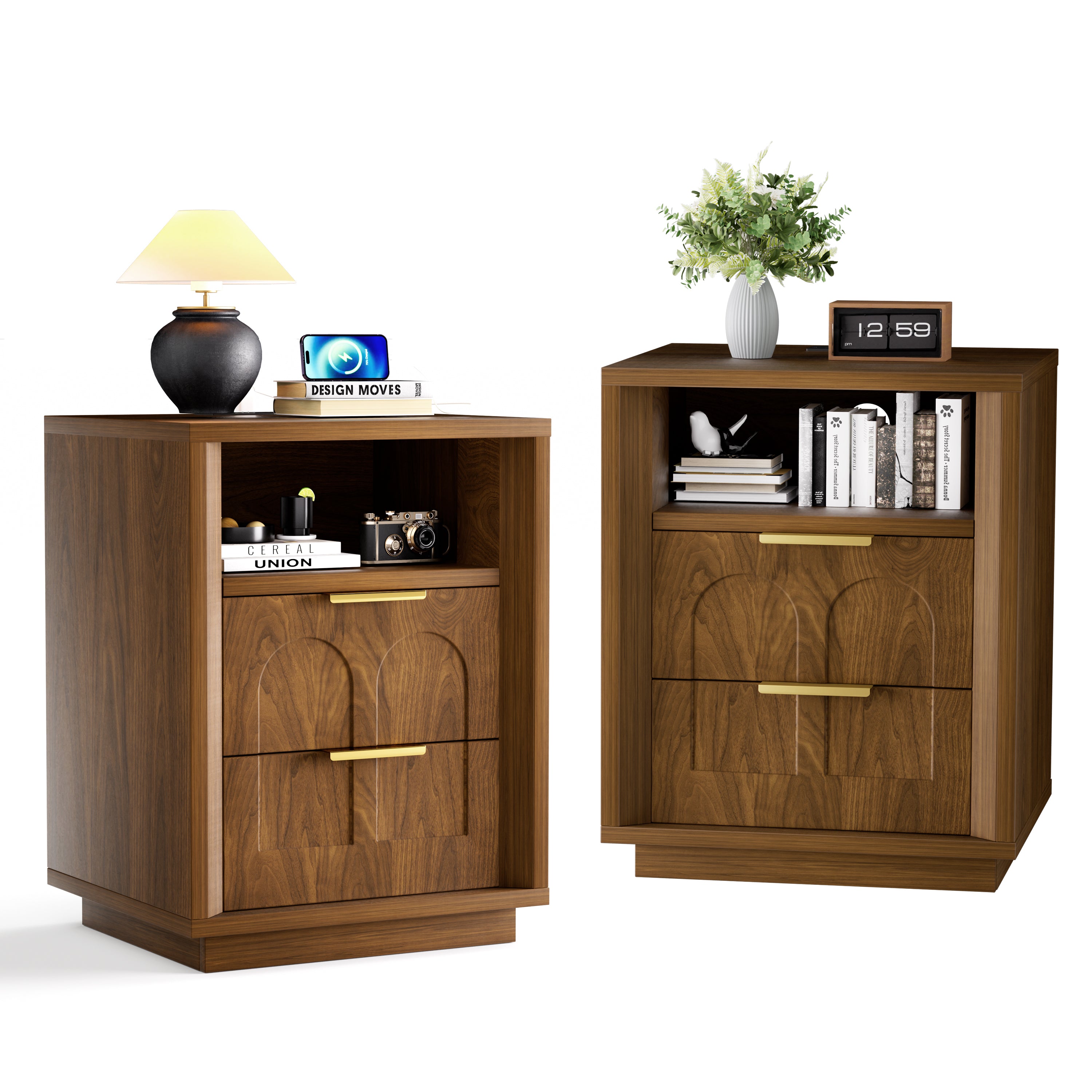 Walnut Nightstand with 2 Drawers and USB-C Charging
