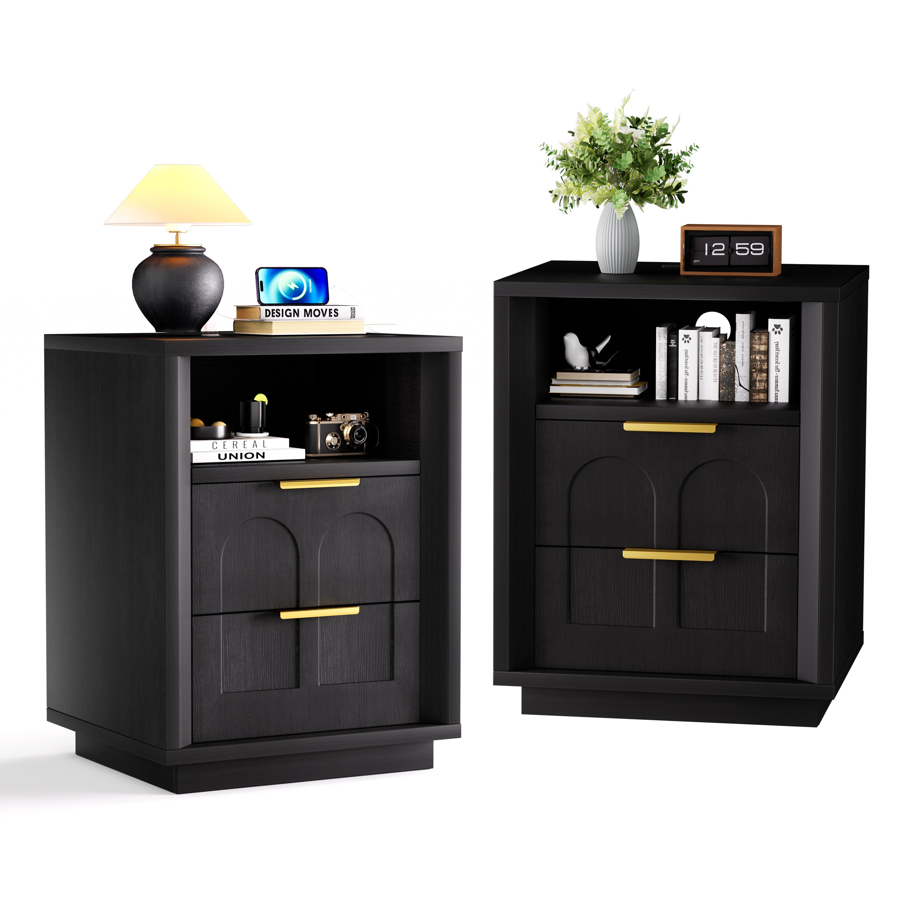 Black 2 Drawer Nightstand with Charging Station