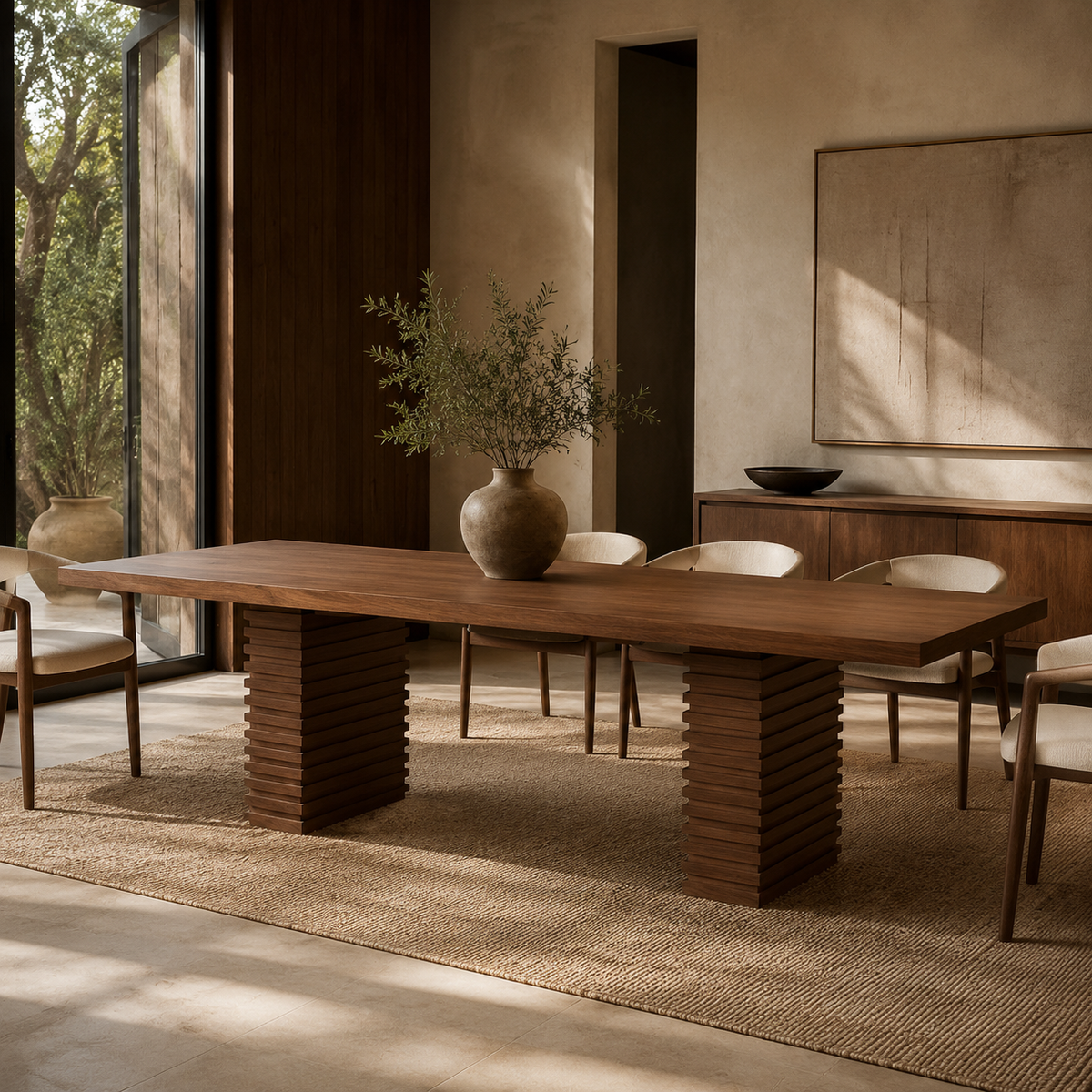 Double Pedestal Dining Table, 95 Inch - Walnut Finish, Seats 6