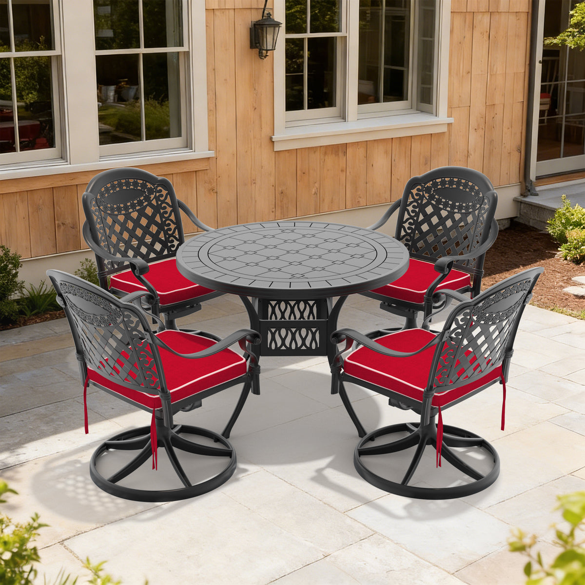 Black Aluminum 5-Piece Patio Dining Set for 4 with Cushions, Swivel, Round