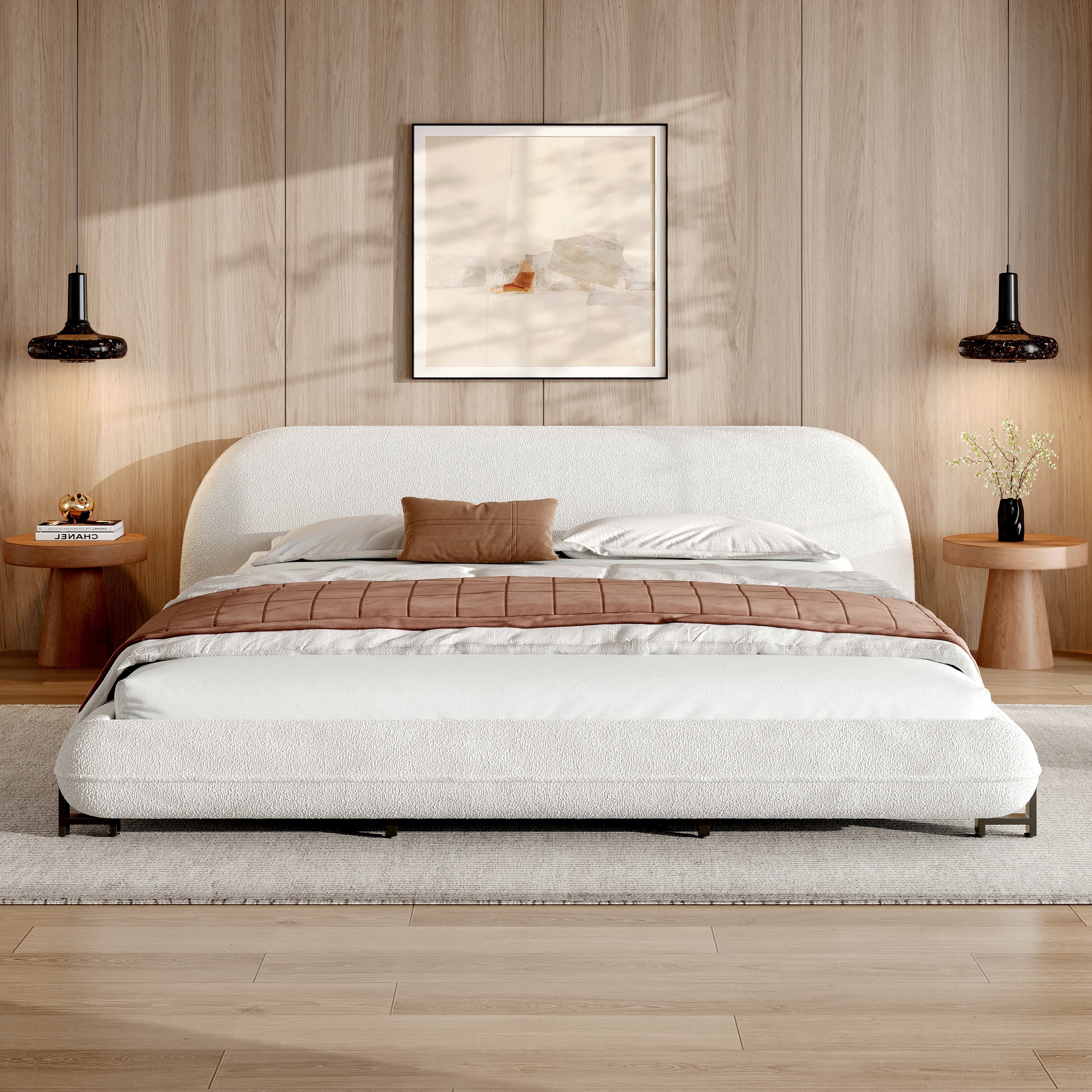 King Boucle Upholstered Bed Frame with Thick Headboard, White