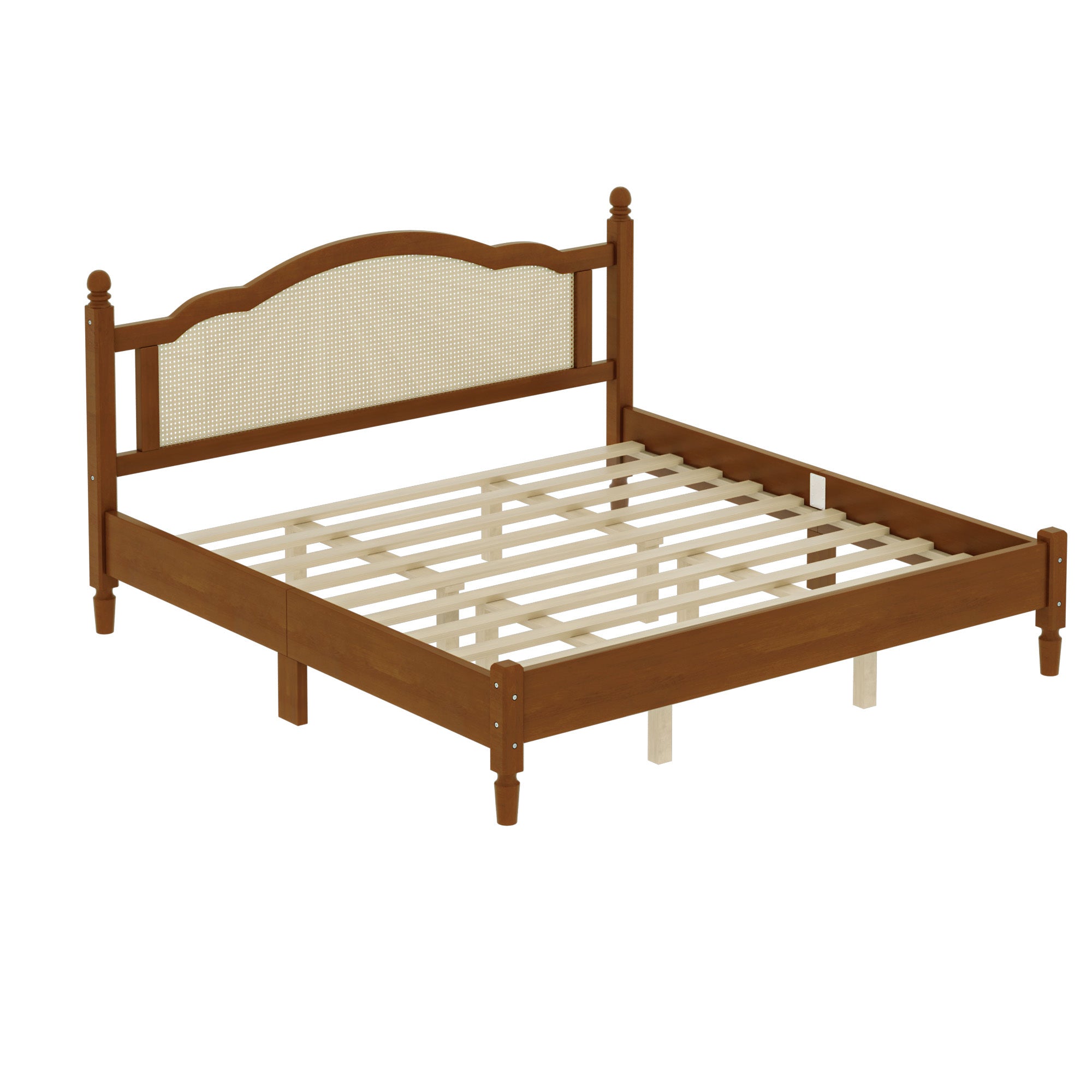 Front view of walnut king bed frame showing arched cane headboard