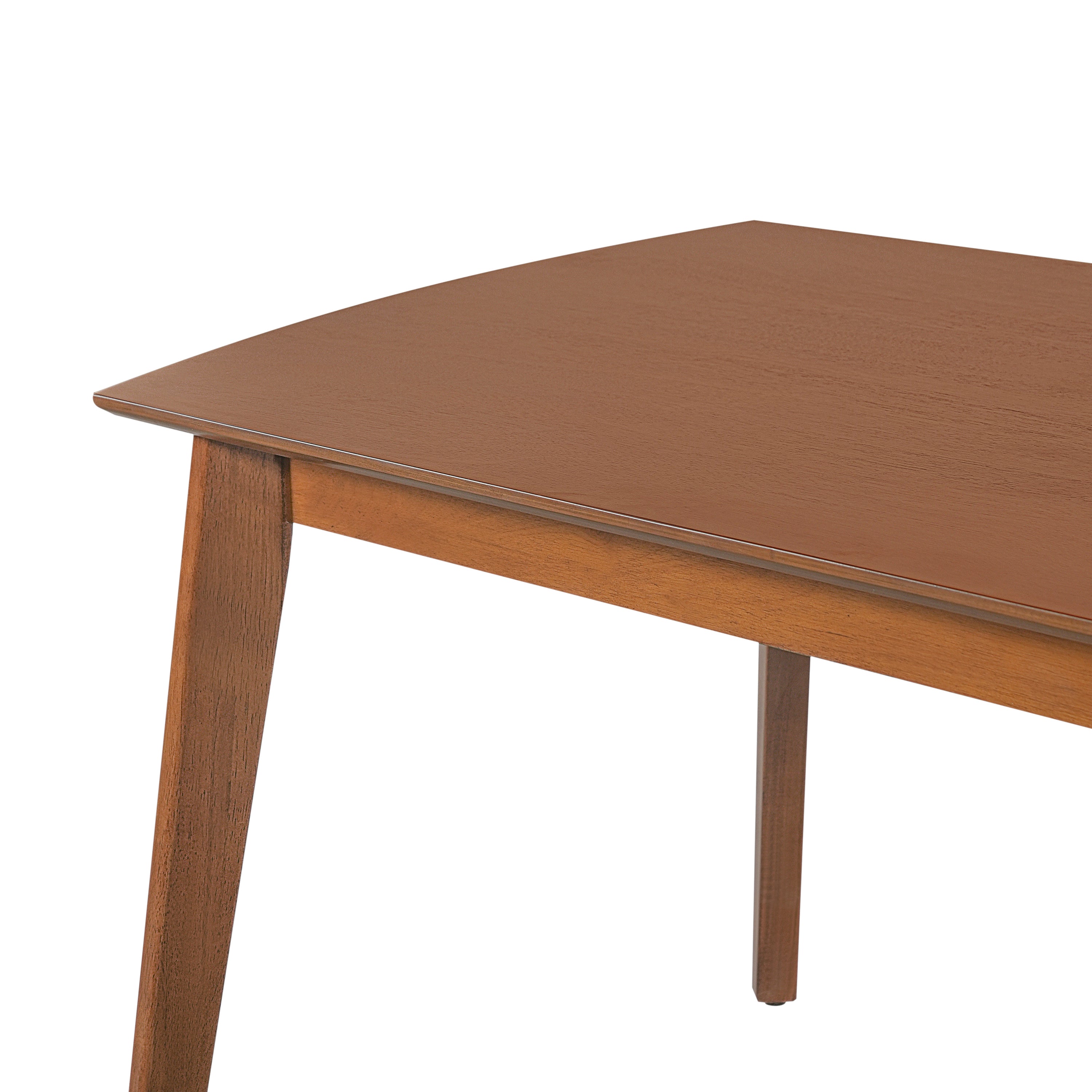 Close-up of the opposite rounded corner and tapered leg of the brown dining table, white background