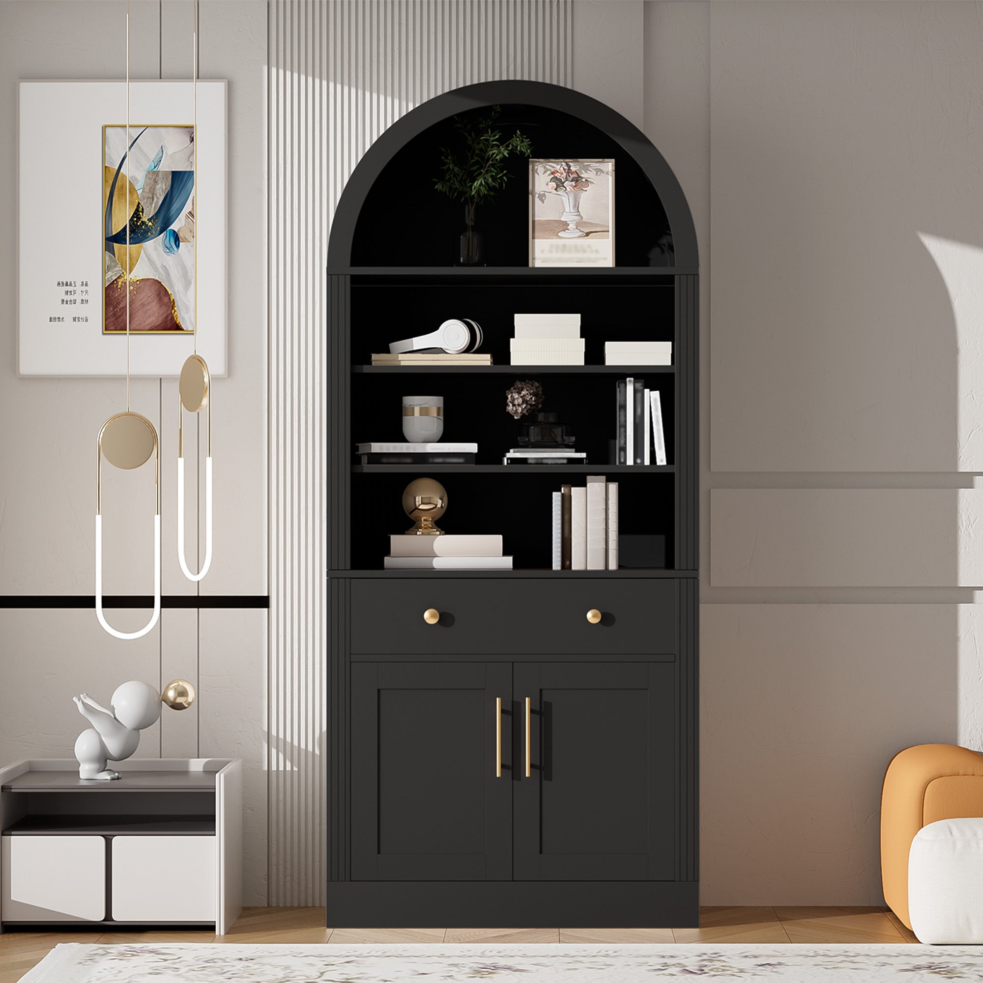 Storage Cabinet with Drawers and Doors, Cupboard, 31.6 in, Black
