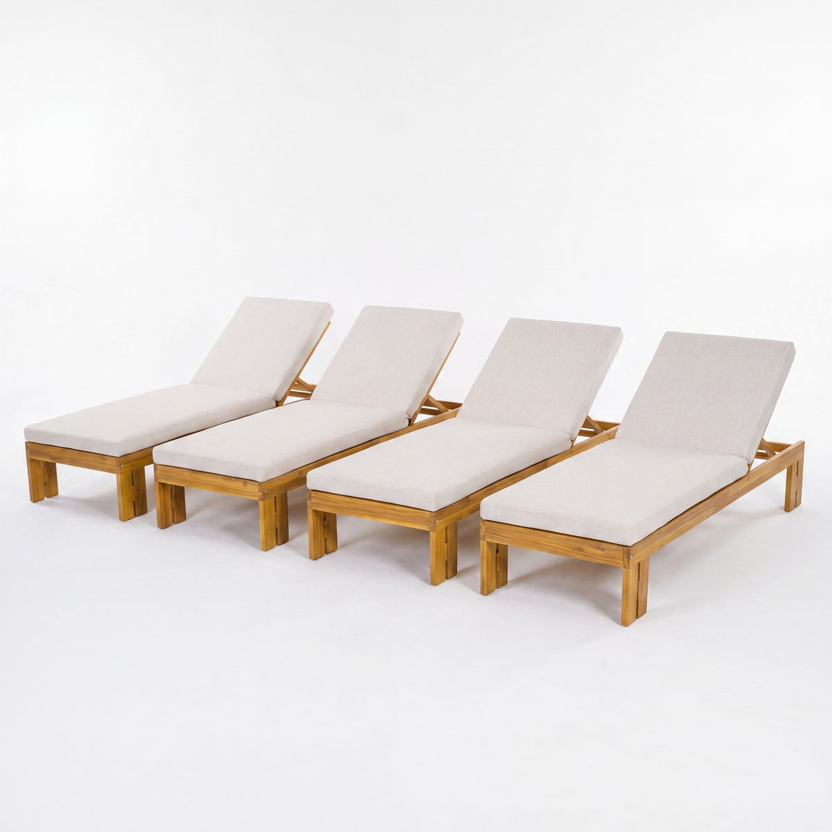 Teak Finish Solid Wood Adjustable Outdoor Chaise Lounge with Cushions, Set of 4