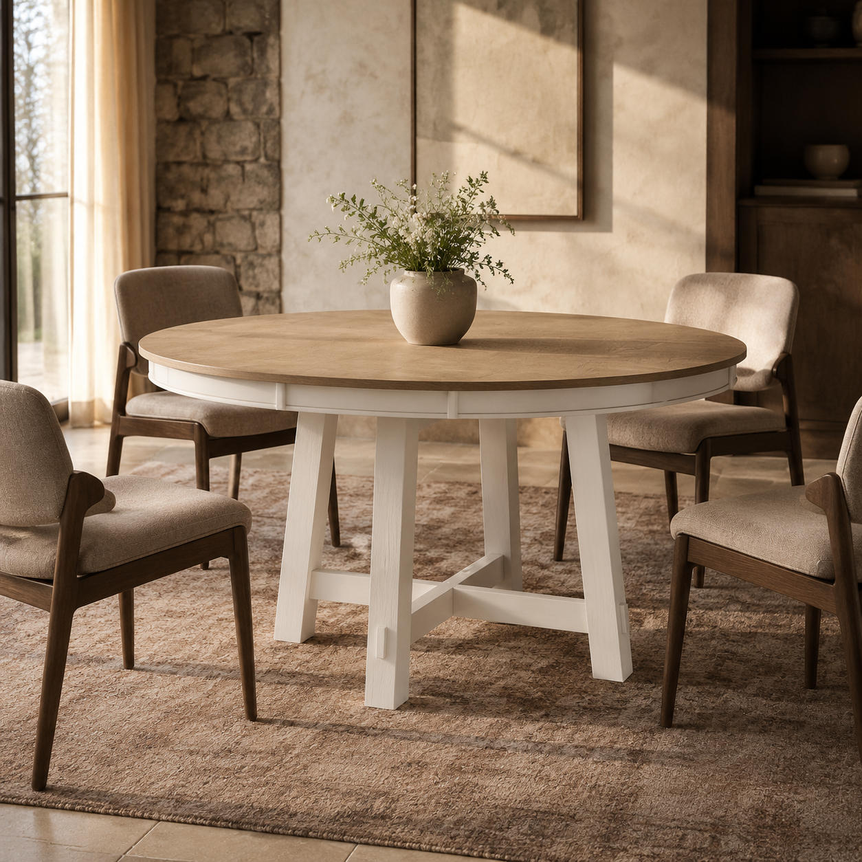 Round Extendable Dining Table, Oak - Antique White