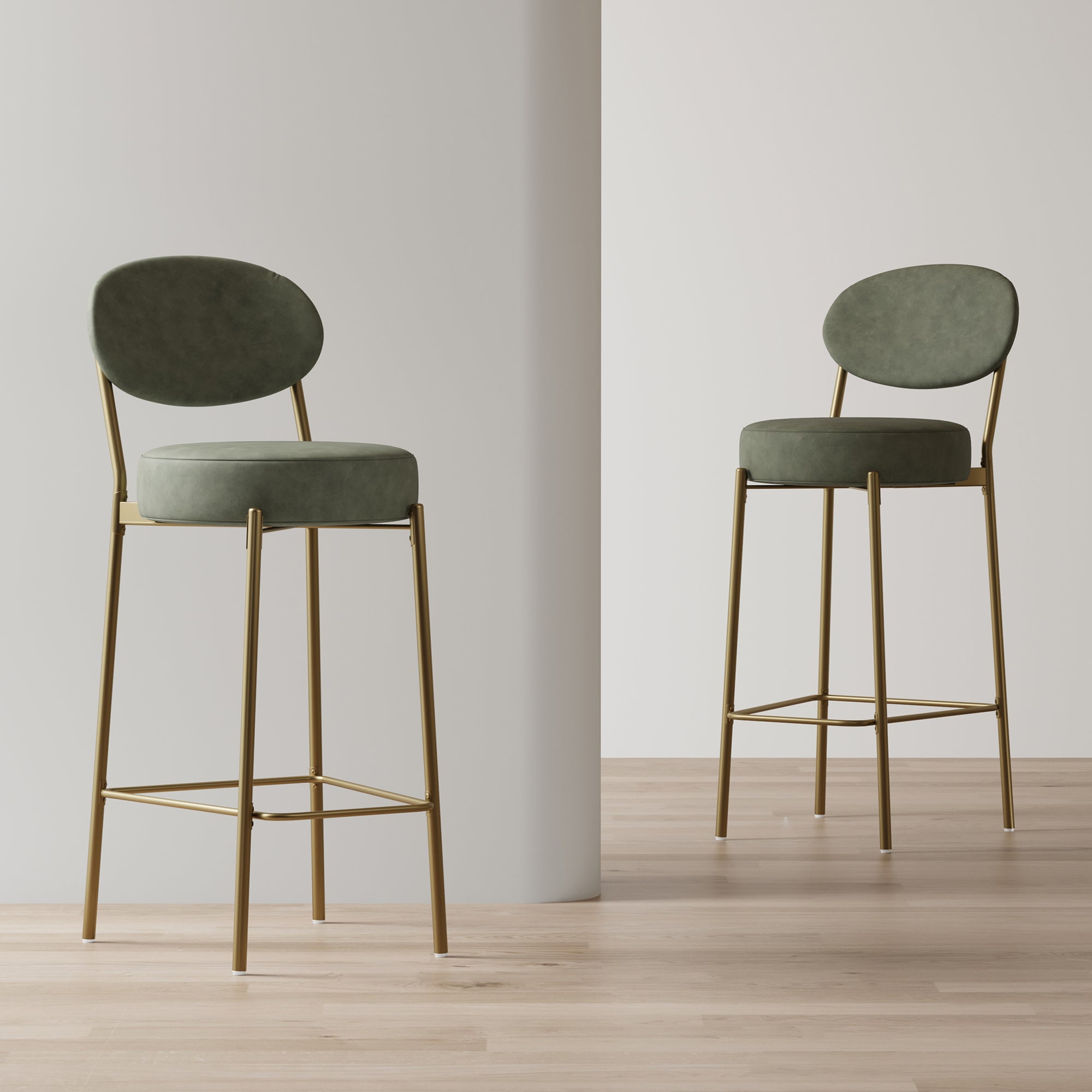 Bar Stool Set of 2, Green Vegan Leather, Gold Legs, Oval Back