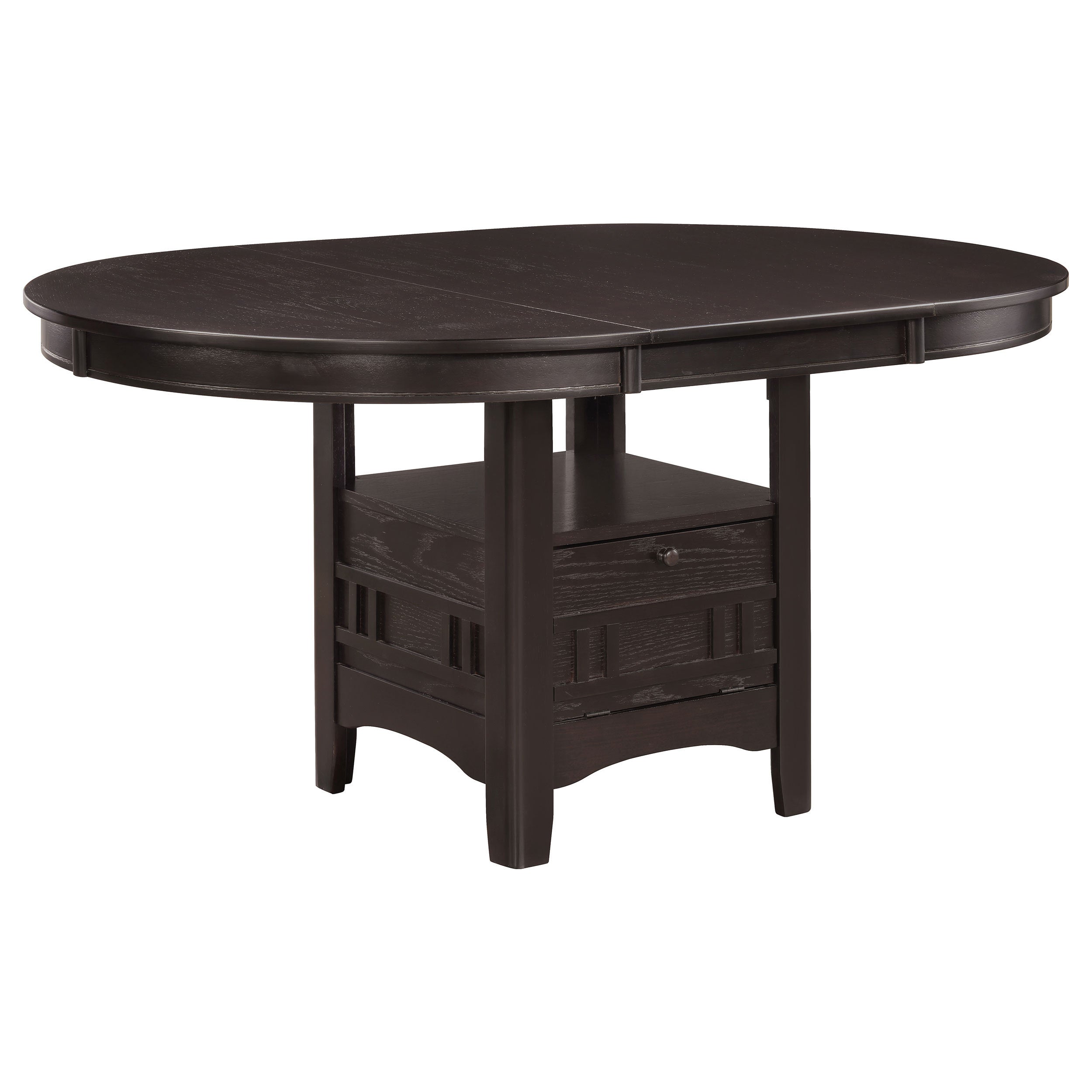 Espresso oval extension dining table with storage pedestal, three-quarter view on white studio background