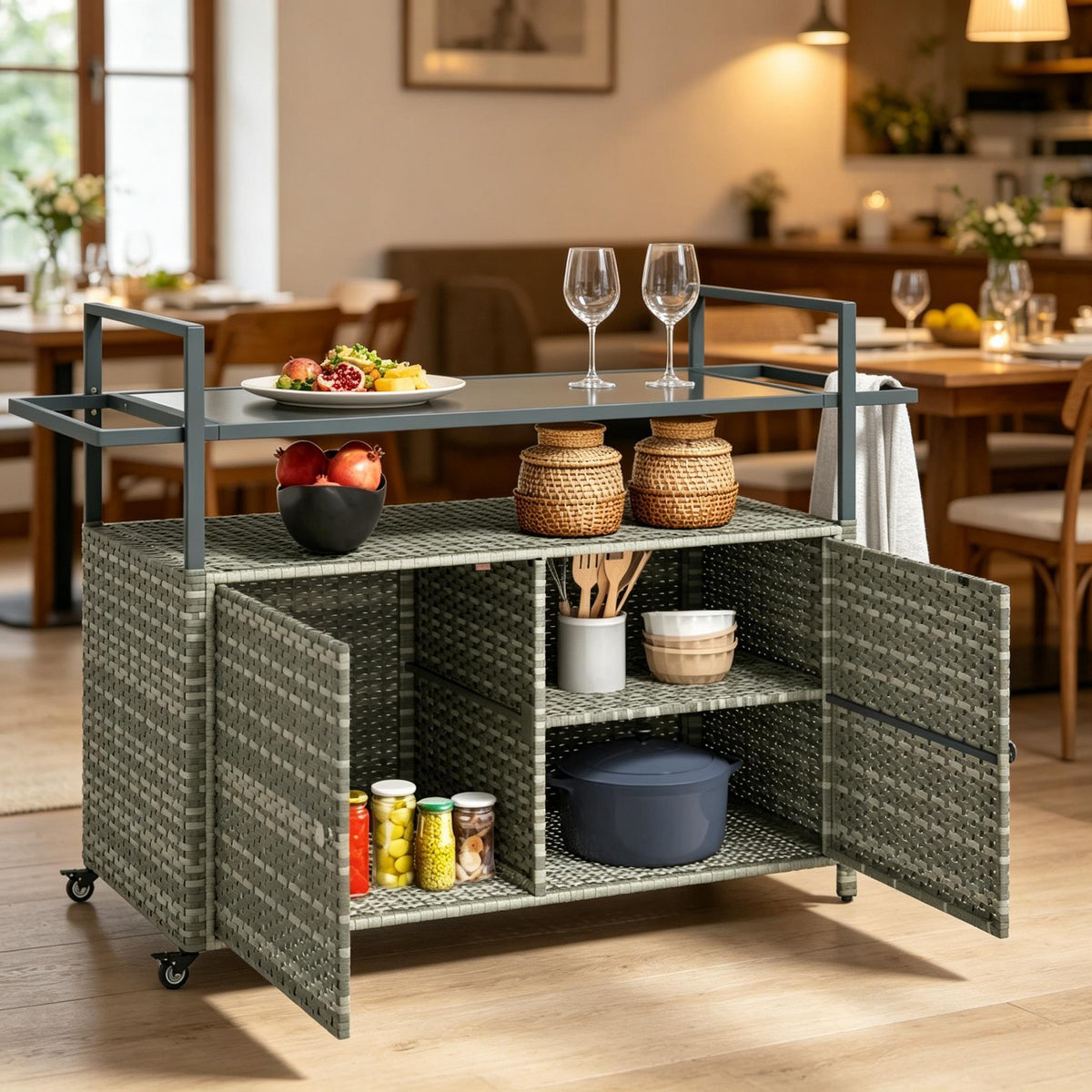 Wicker Outdoor Bar Cart, Glass Top