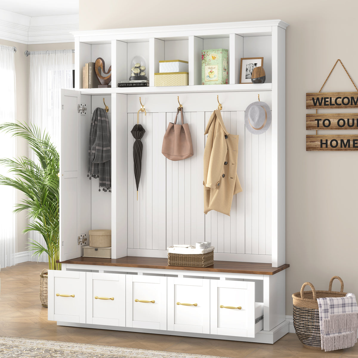 White Hall Tree with Bench and Shoe Storage, 59 in Wide, 78.7 in Tall