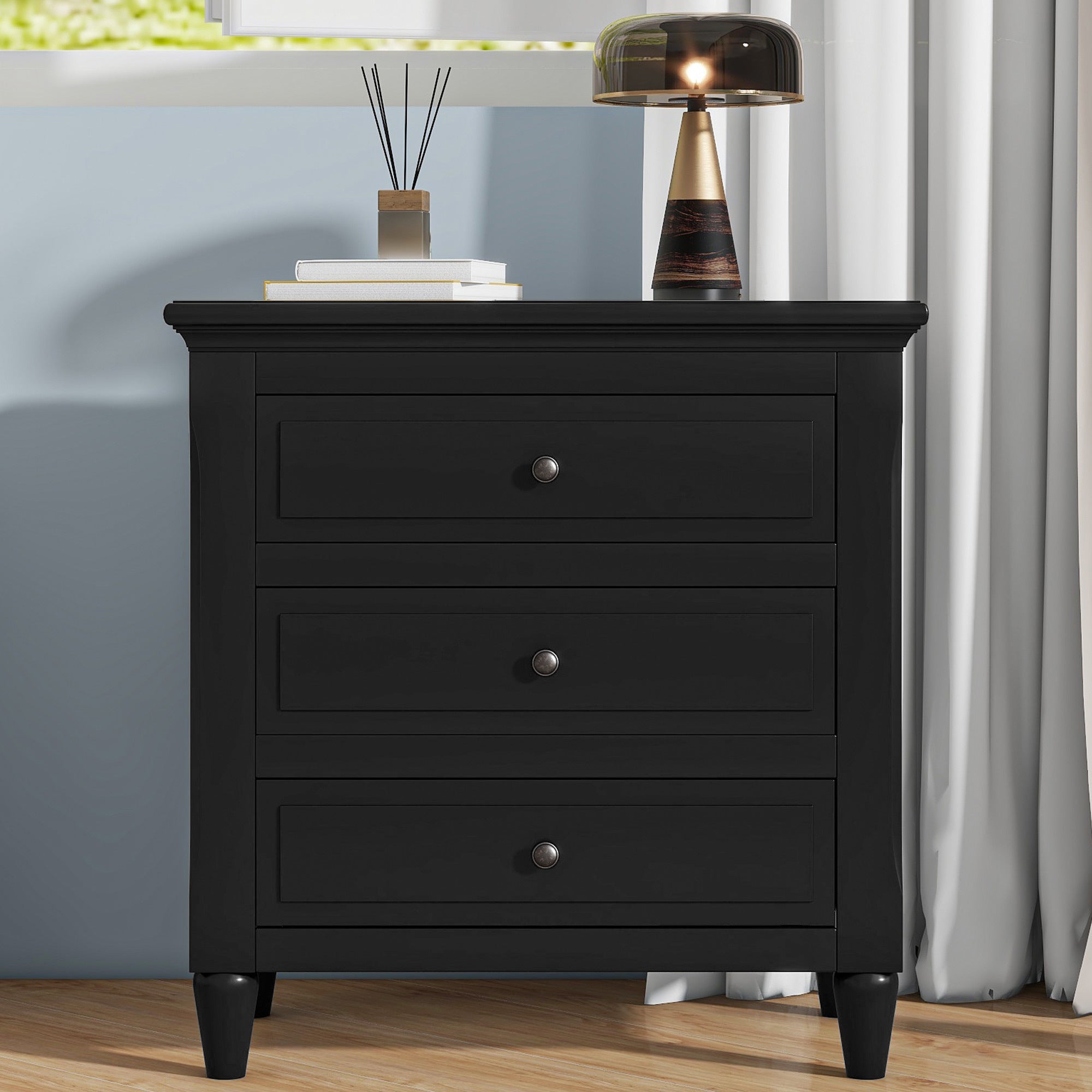 28in Tall 3 Drawer Nightstand with Tapered Legs, Black