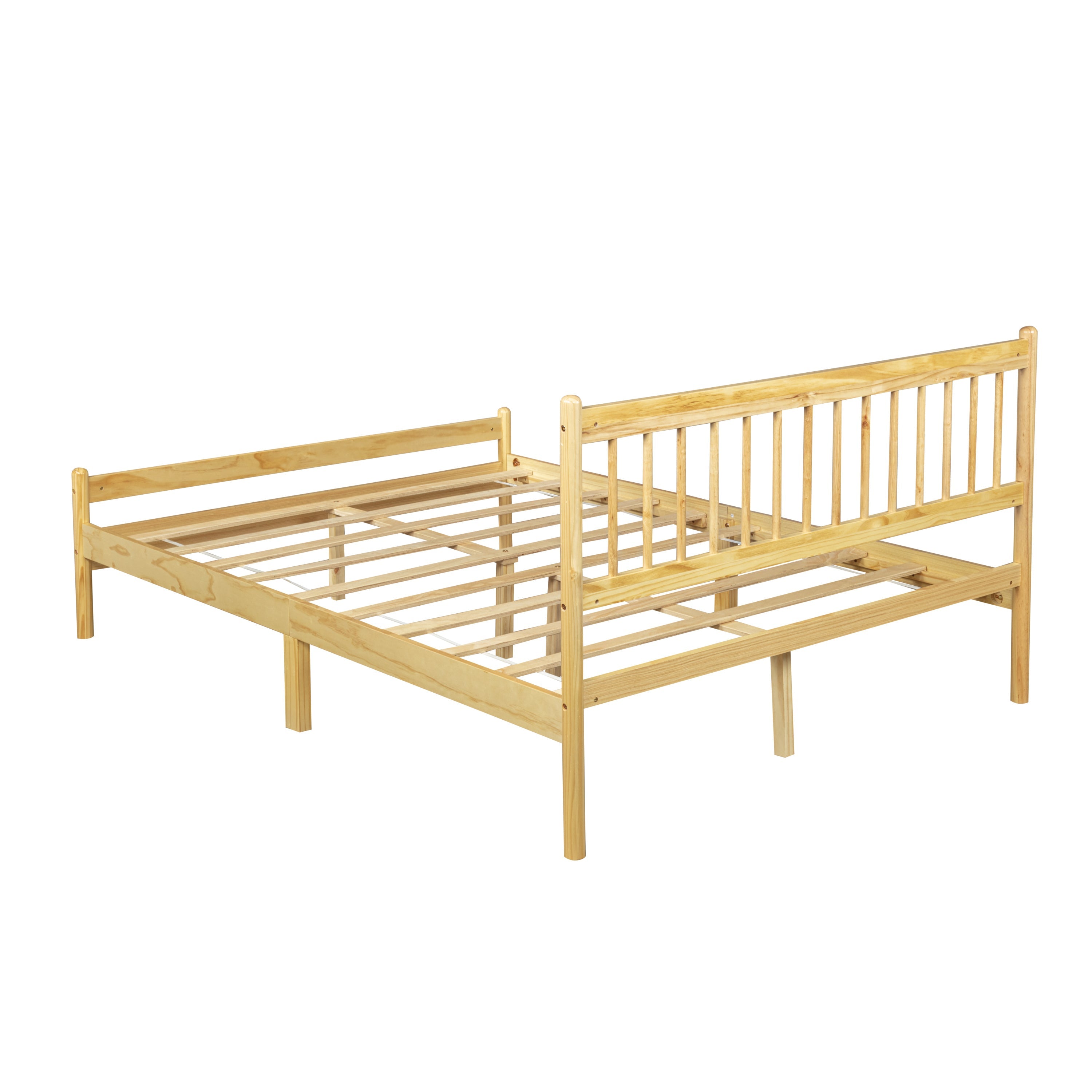 Angled full view of the empty natural pine bed frame with headboard and footboard #Color_Natural