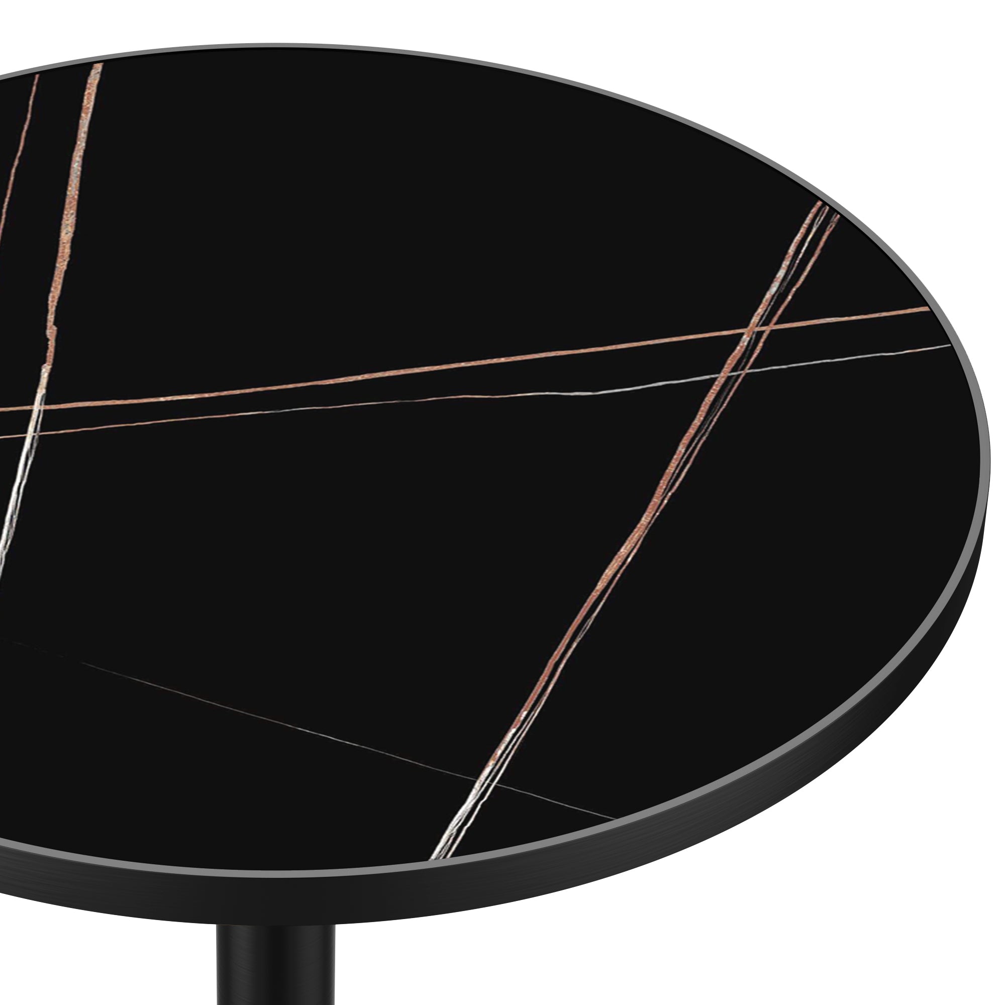 Close-up of black marble-look sintered stone tabletop with copper and white veining