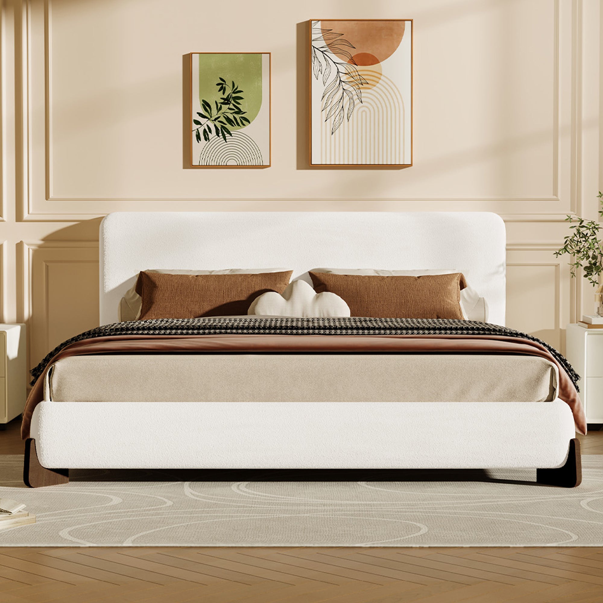 White bouclé king bed frame styled in a warm neutral bedroom