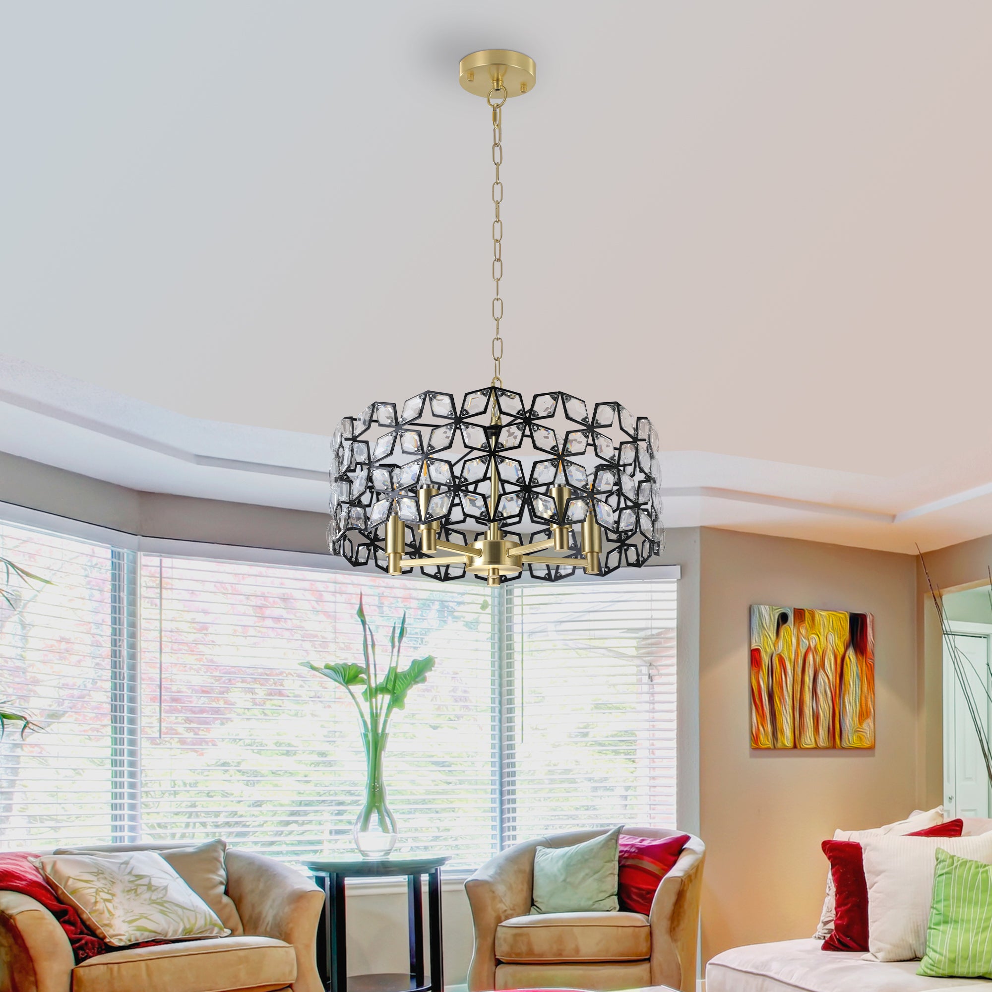 Chandelier, 5-Light Crystal Round Fixture, Black and Gold