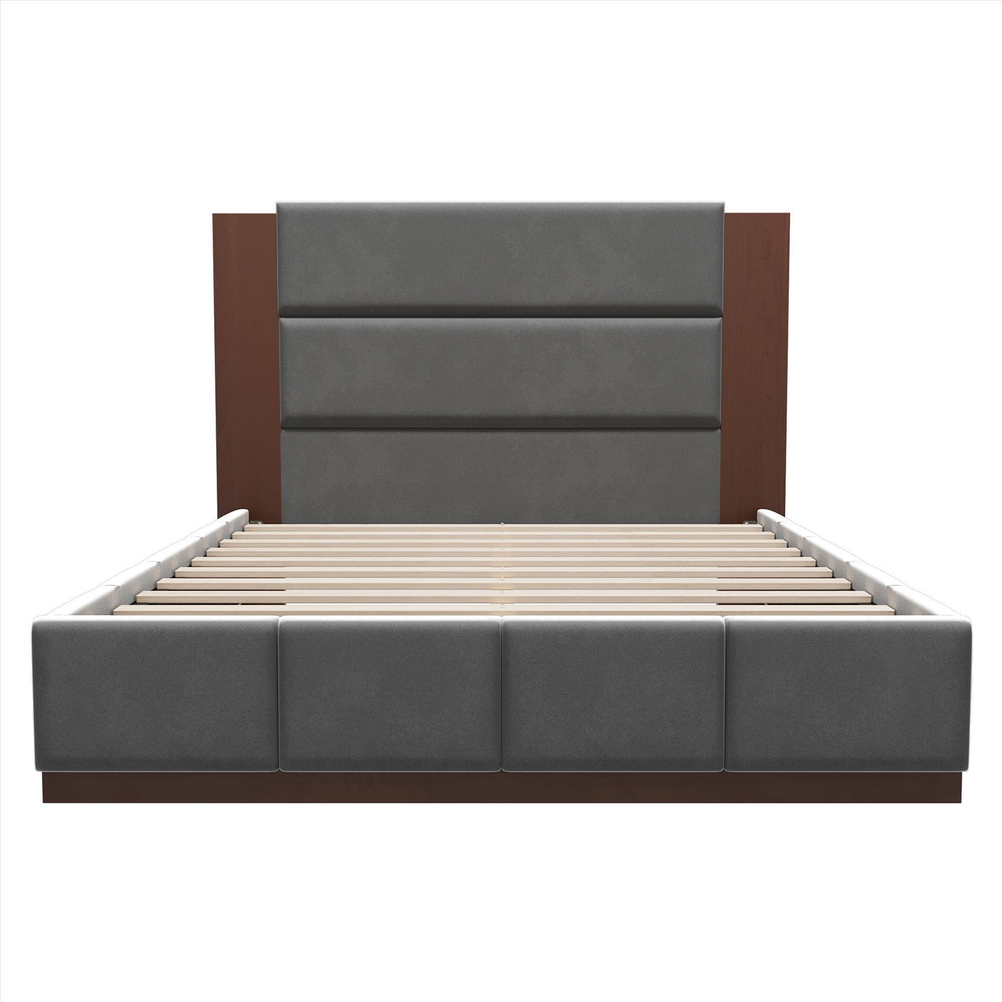 Grey velvet upholstered queen bed with callouts for the 49-inch headboard, padded frame and a velvet fabric swatch #Color_Grey Velvet