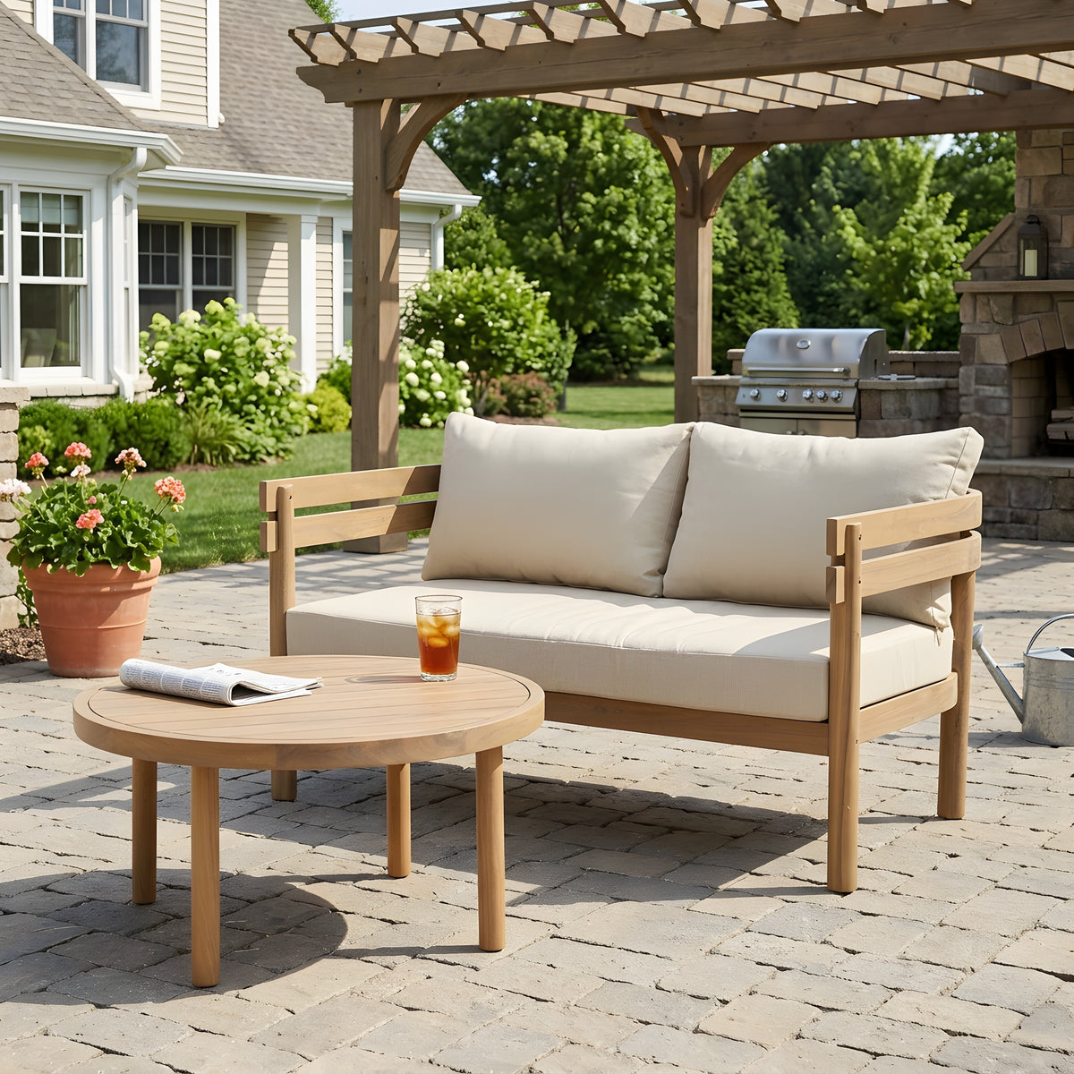Light Brown Solid Wood 2-Piece Patio Conversation Set with Cushions