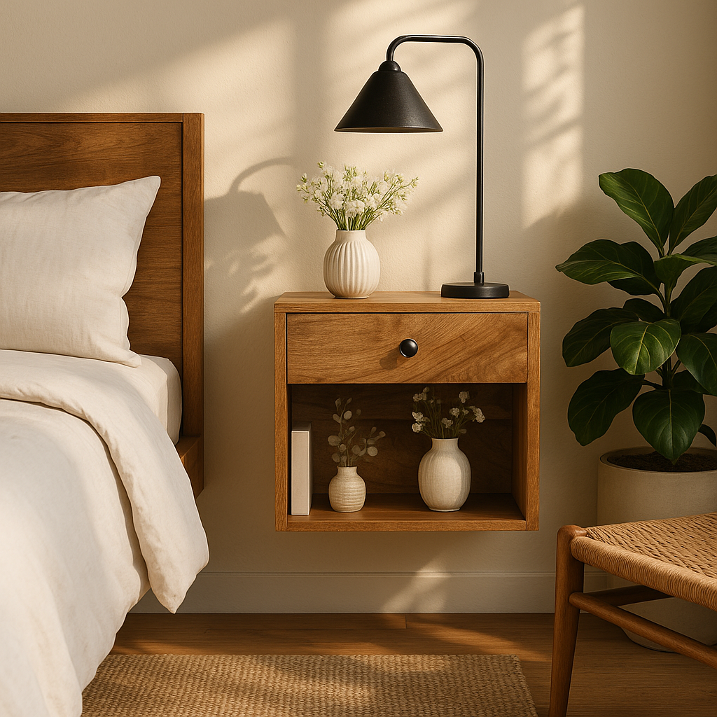 Wall Mounted Nightstand, Solid Mango Wood, 1 Drawer, Shelf