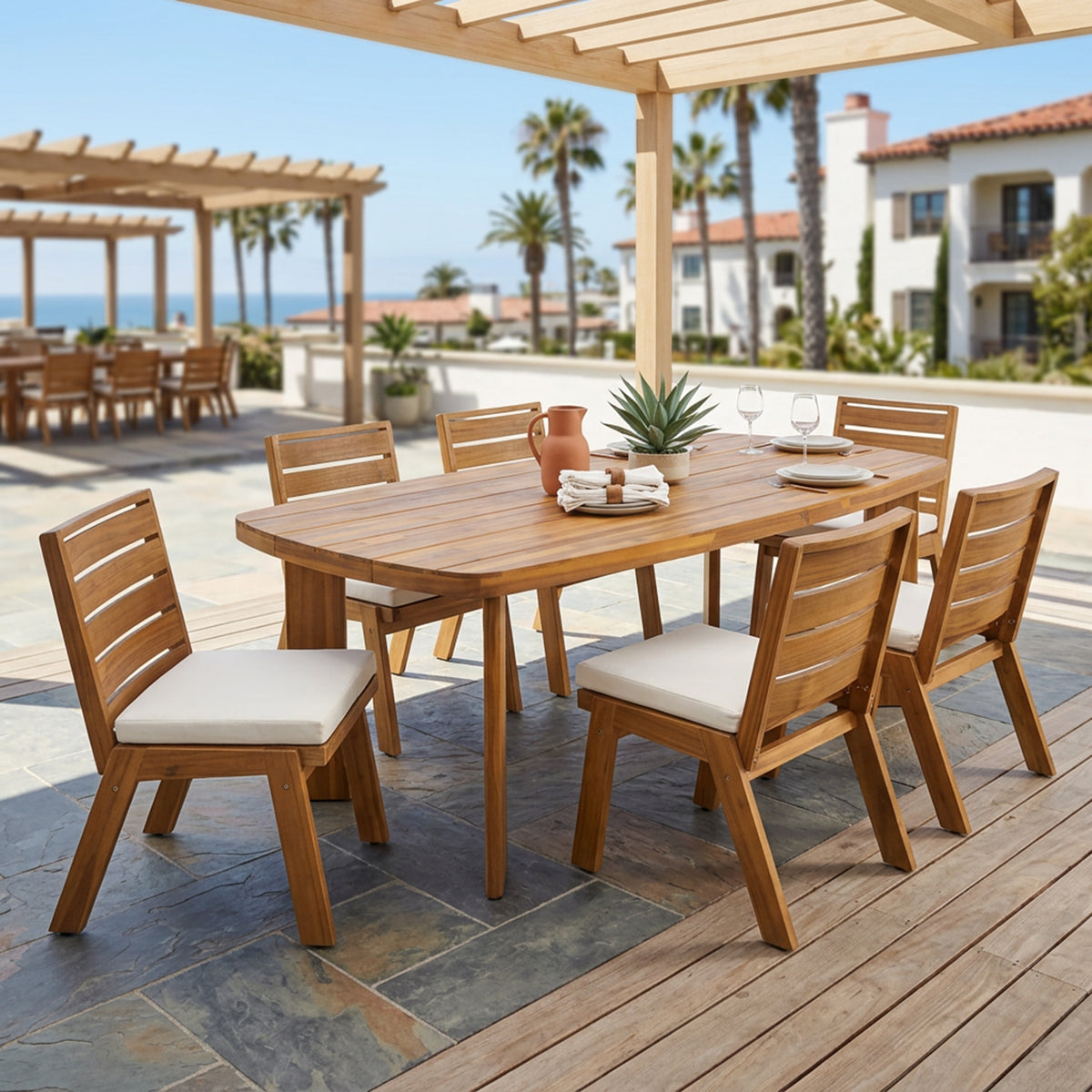 Teak Finish Solid Wood 7-Piece Patio Dining Set for 6, Armless