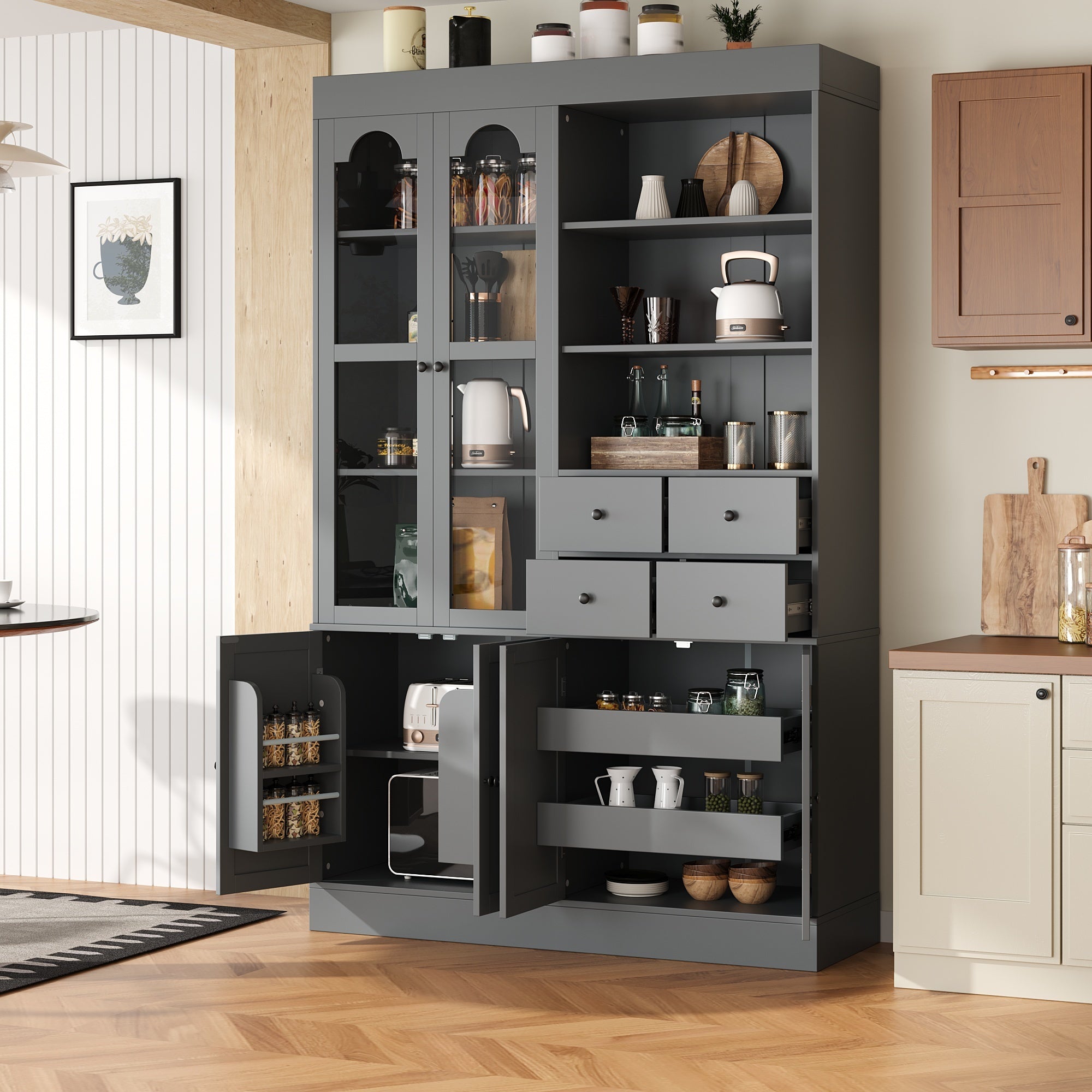 Tall Buffet with Hutch, Gray, 6 Doors, 4 Drawers, Glass Doors