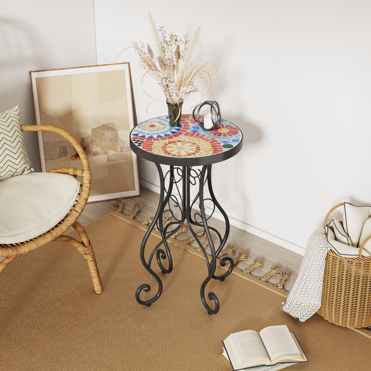 Black Metal Outdoor Side Table, Tile Top, 22.4 in Tall