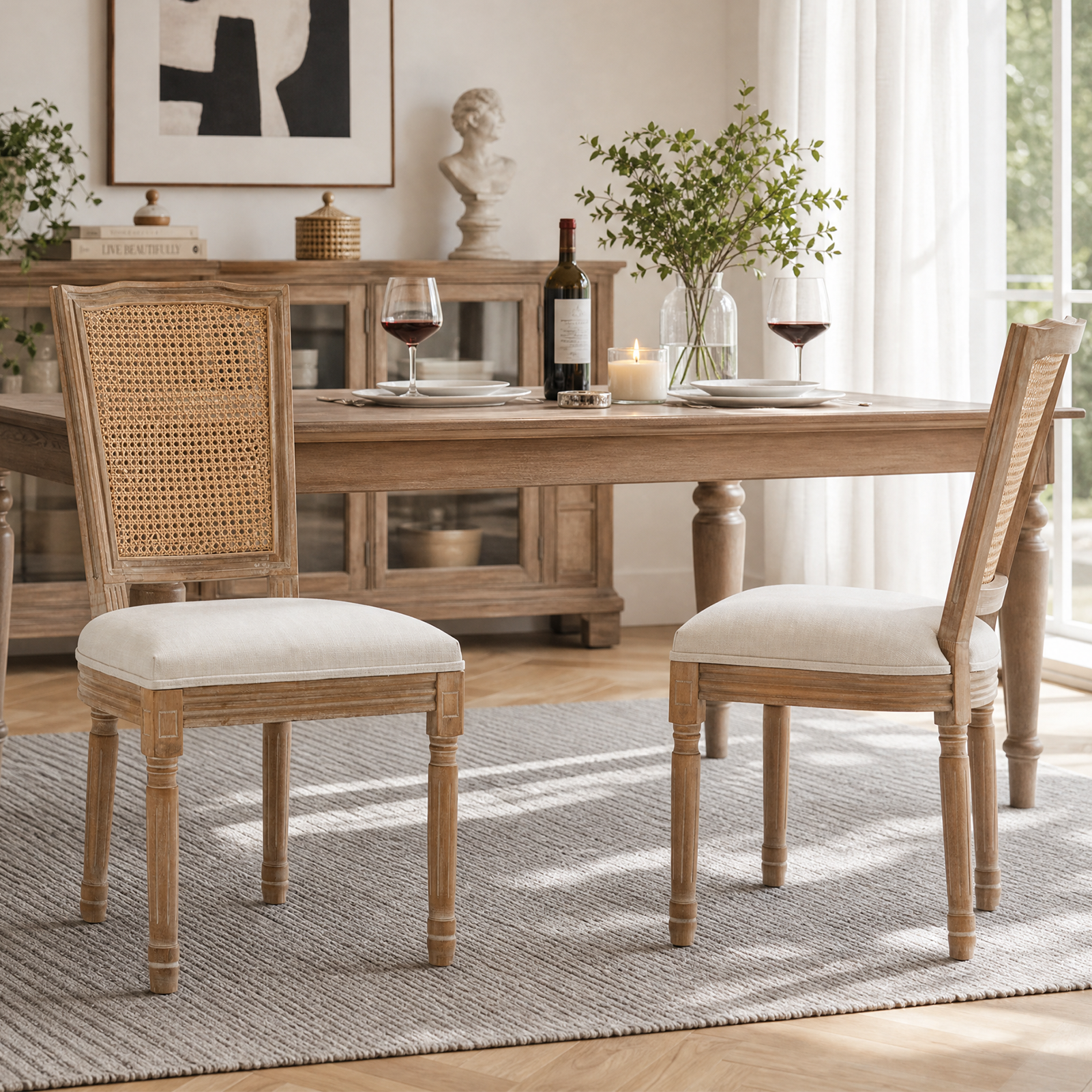 French Country Square Cane Back Dining Chair, Set of 2, Beige