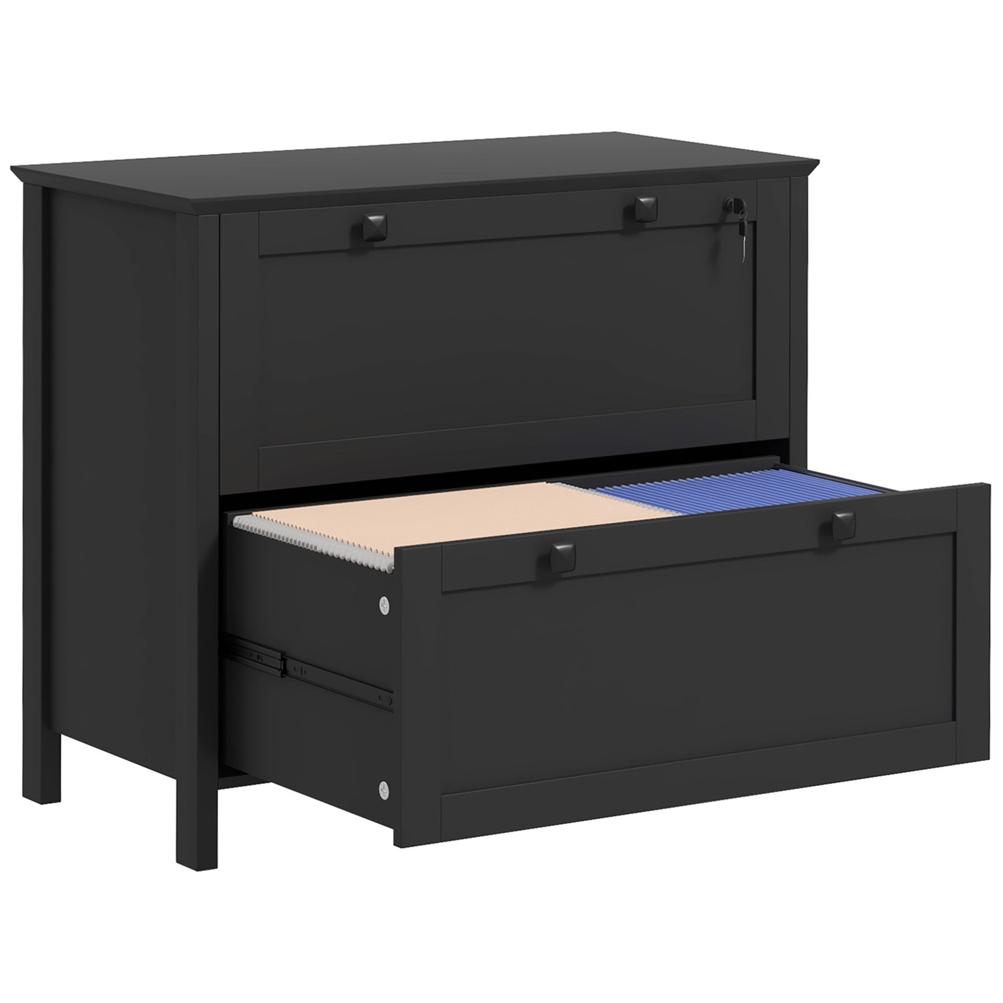 Lateral File Cabinet with Drawers and Lock, 31.1 in, Black