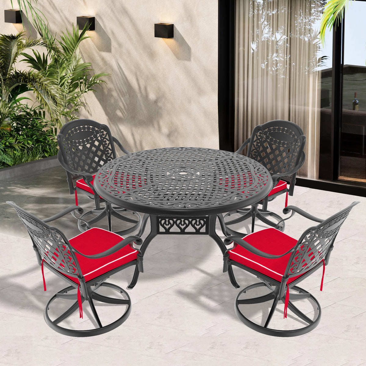 Black Aluminum 5-Piece Patio Dining Set for 4 with Cushions, Swivel, Round
