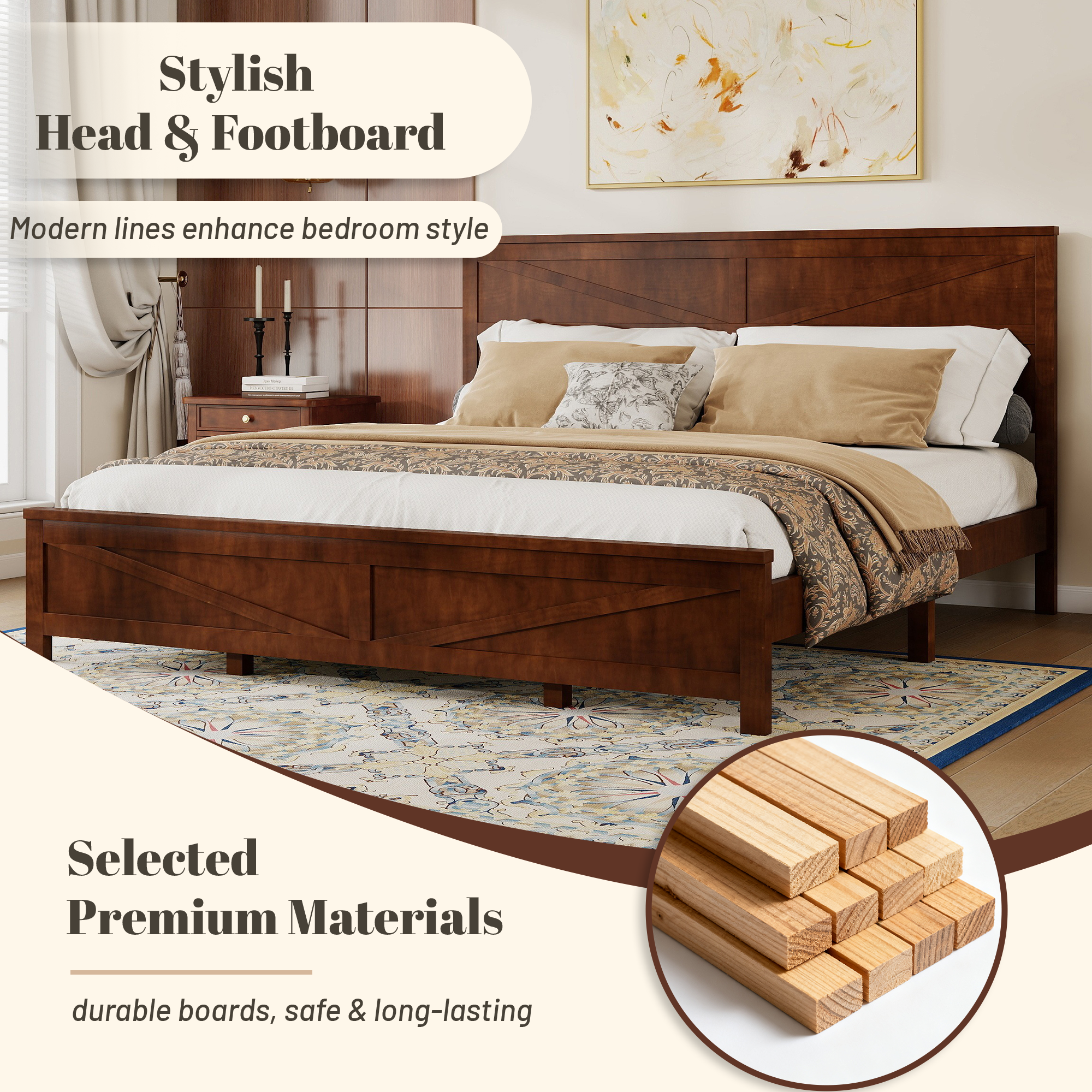 Product dimension diagram of farmhouse walnut king bed frame