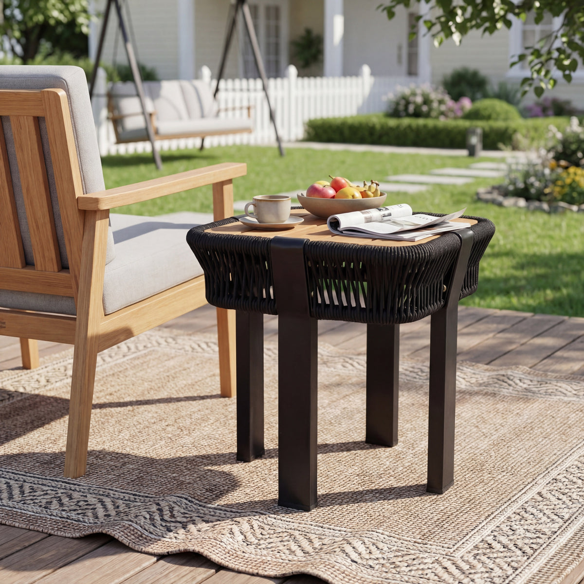 Black Metal Square Outdoor Side Table, Acacia Wood Top