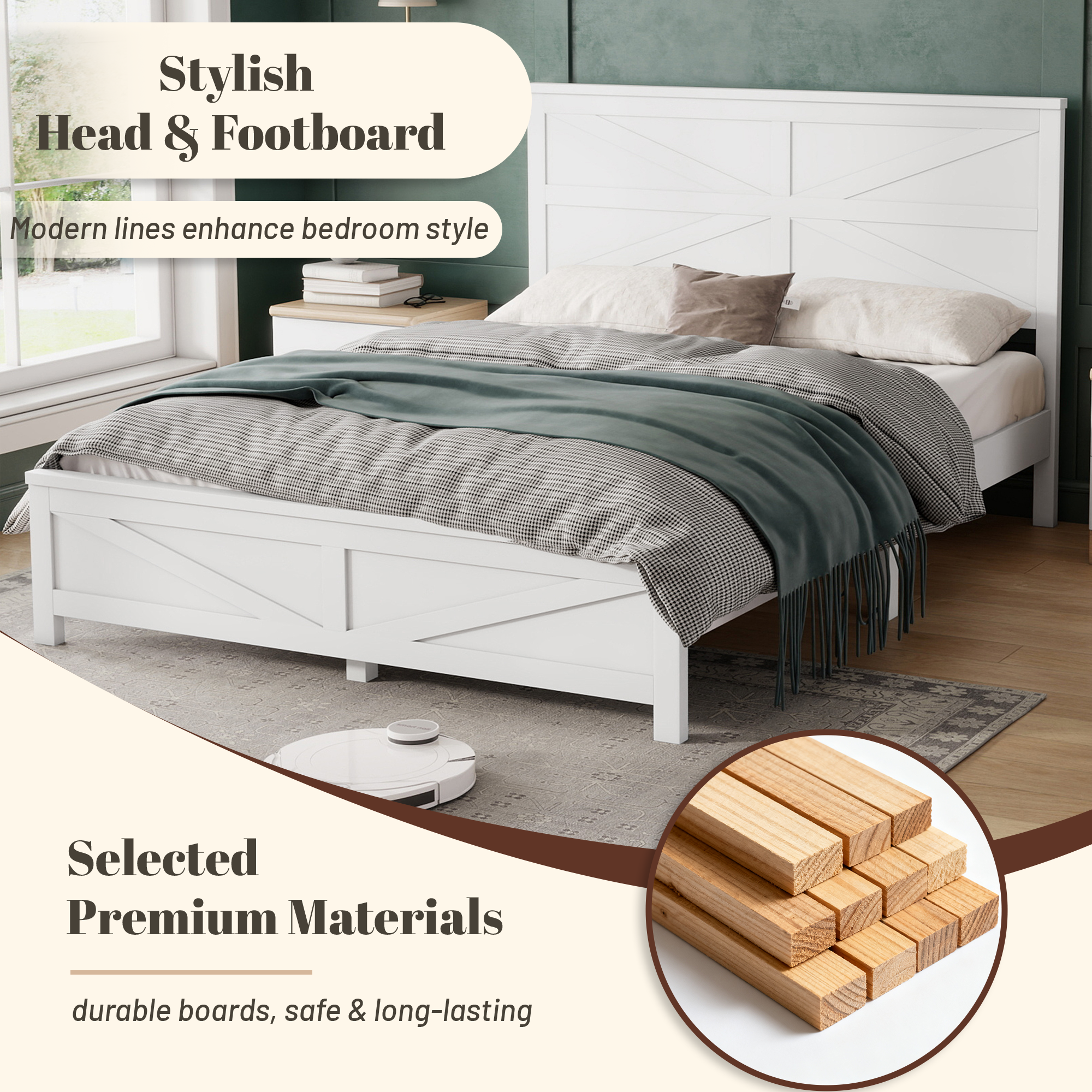 Graphic for the white barn door bed: stylish head and footboard with an inset of stacked solid wood slats