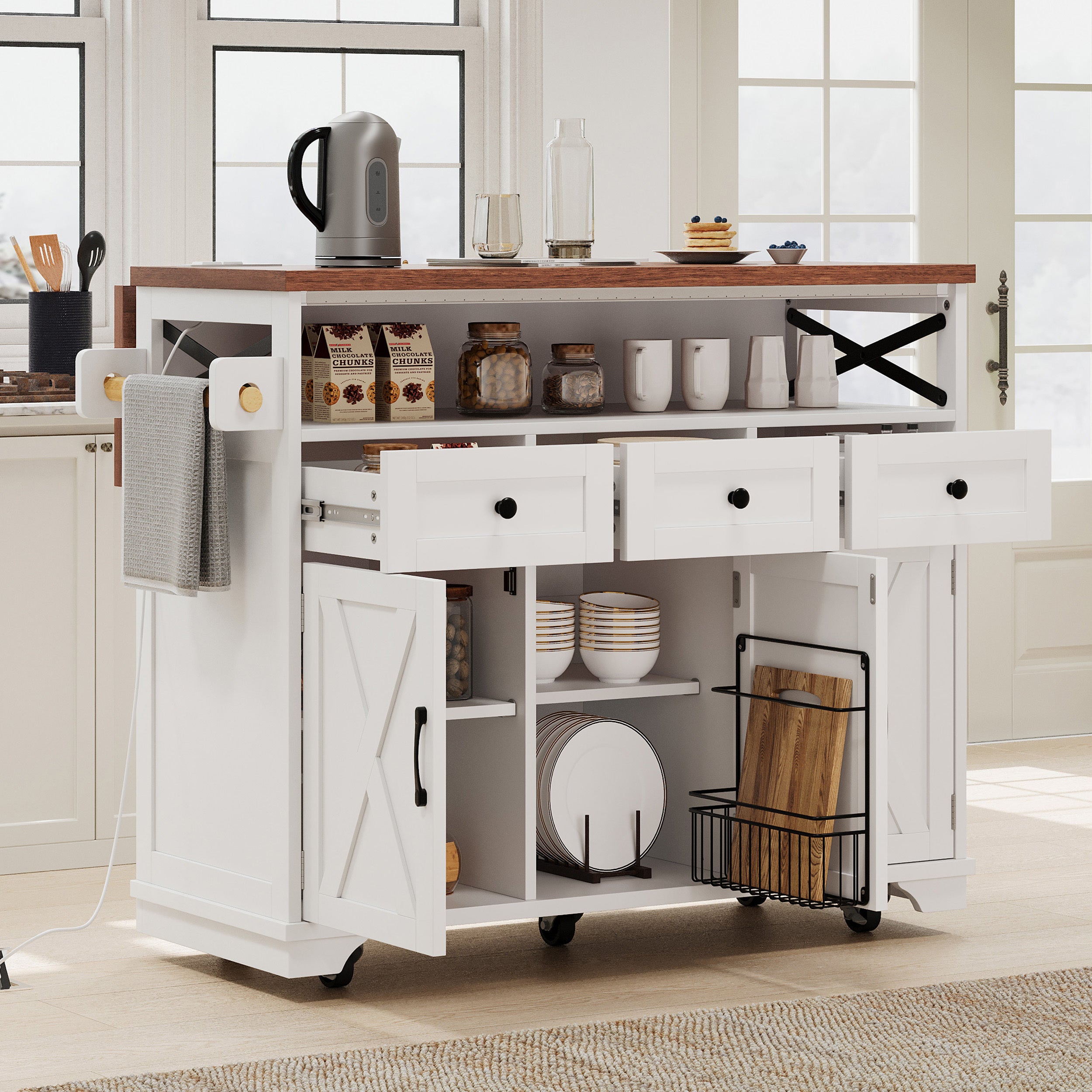 Farmhouse Kitchen Island, White, Drop-Leaf, 3 Doors & 3 Drawers