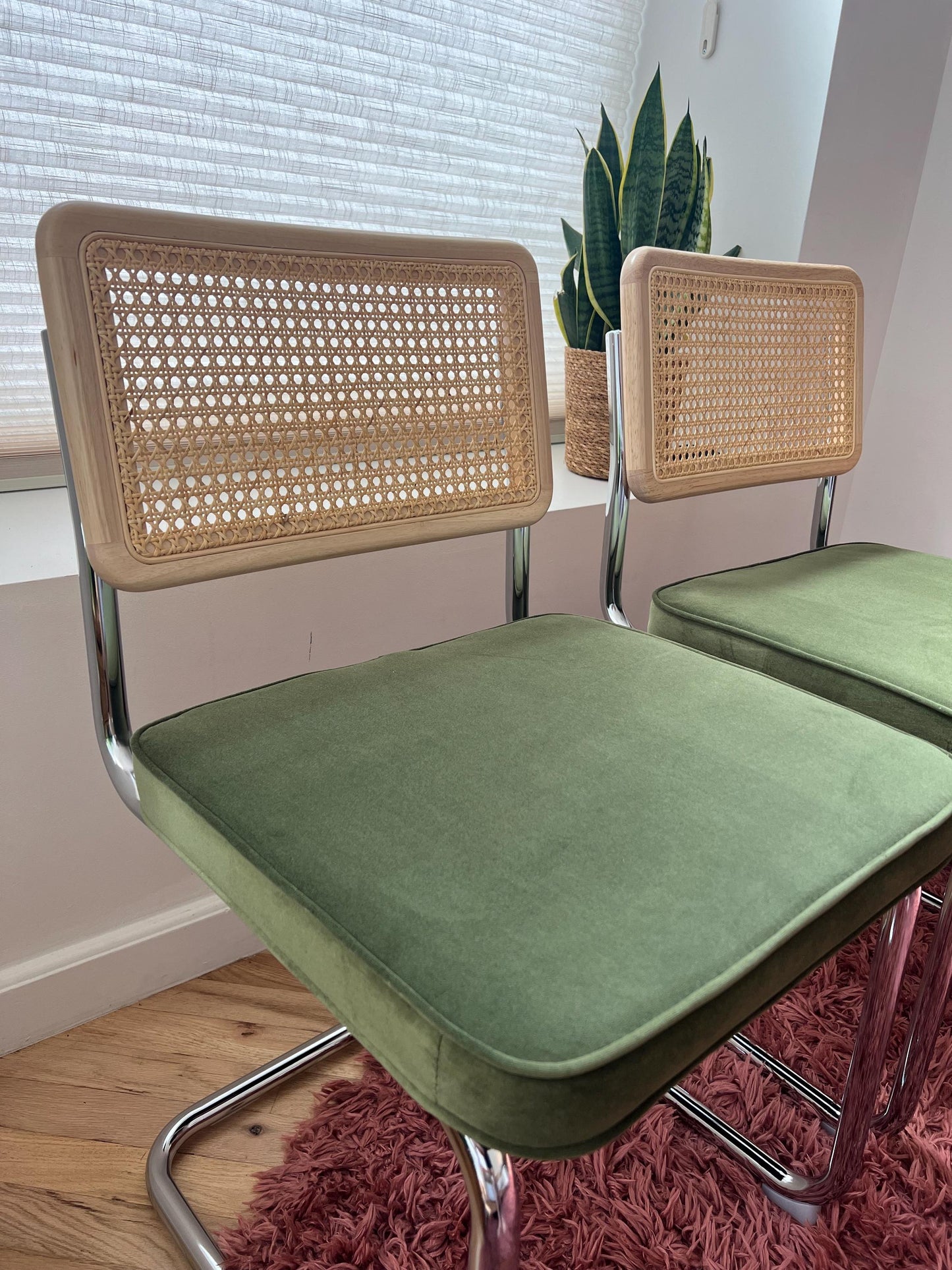 Midcentury Modern Dining Chair Set of 2 - Green Velvet with Rattan Accents