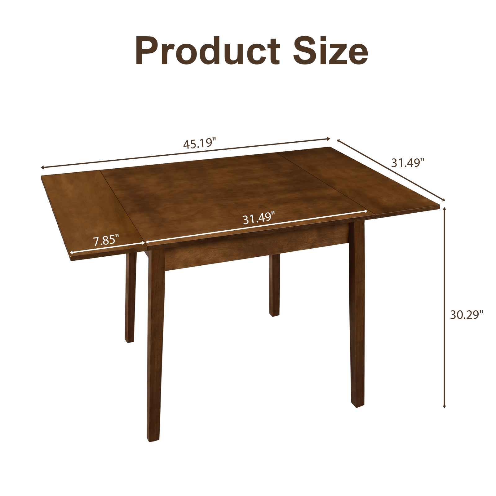 Dimension diagram of the drop-leaf table: 45.19 inch wide open, 31.49 inch deep, 30.29 inch high