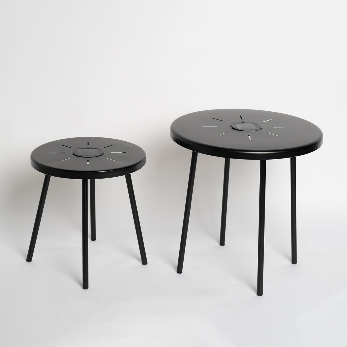 Black Metal Round Outdoor Nesting Side Table Set with Solar LED Lights