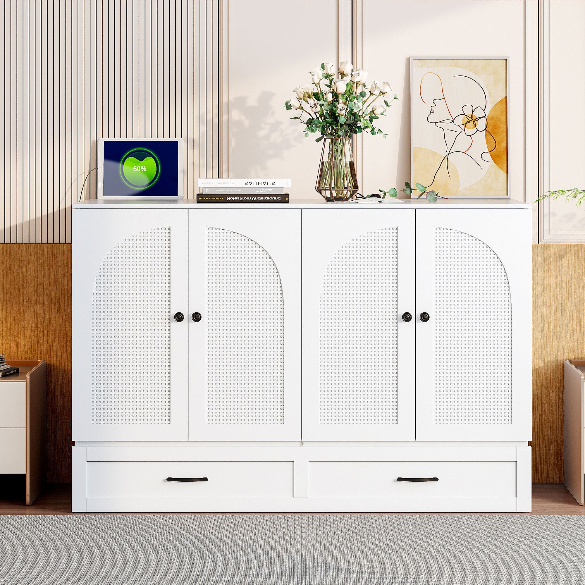 Full Size Murphy Bed with USB Charging Ports, White