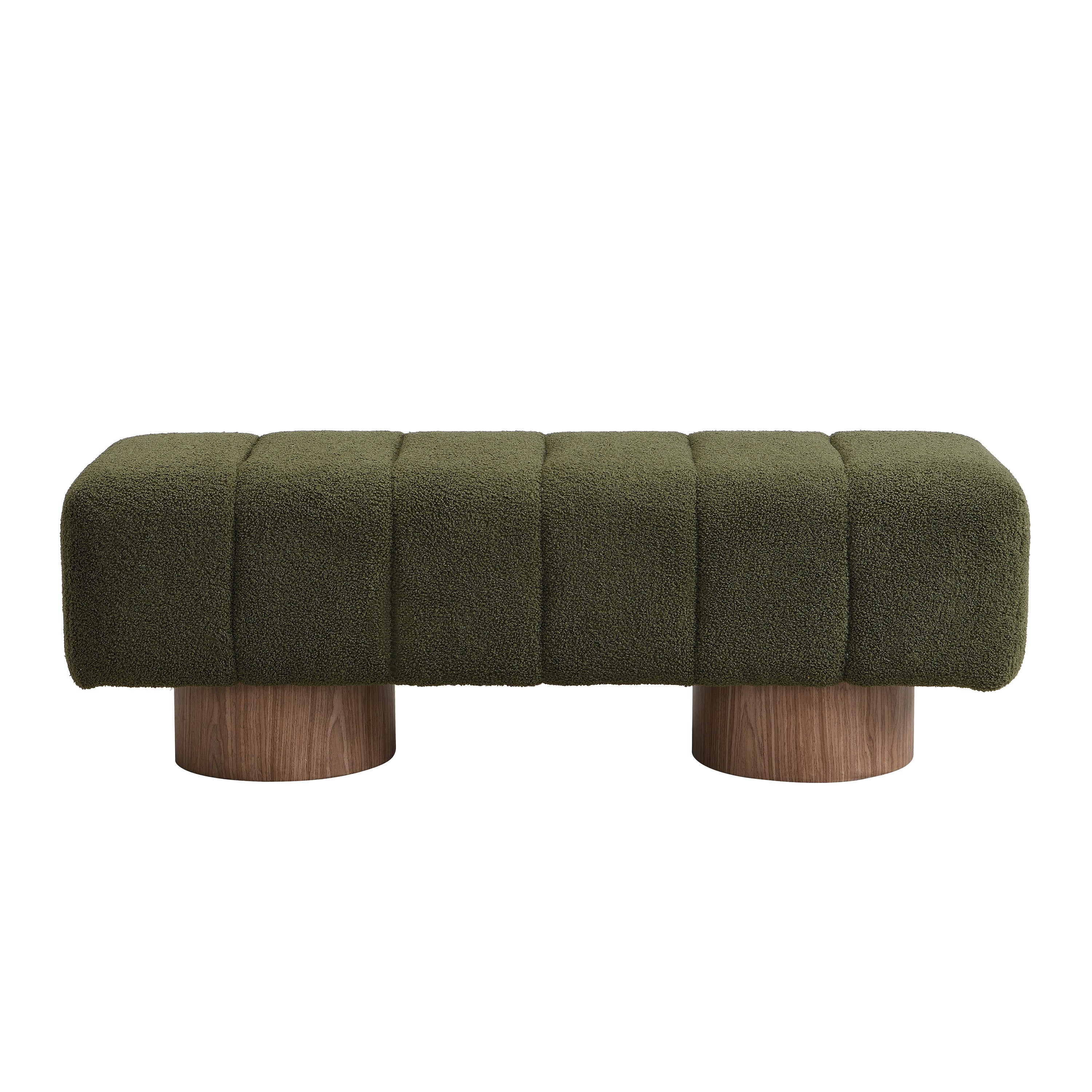 Upholstered Bench 49 Inch, Green Boucle with Wood Pedestal Base