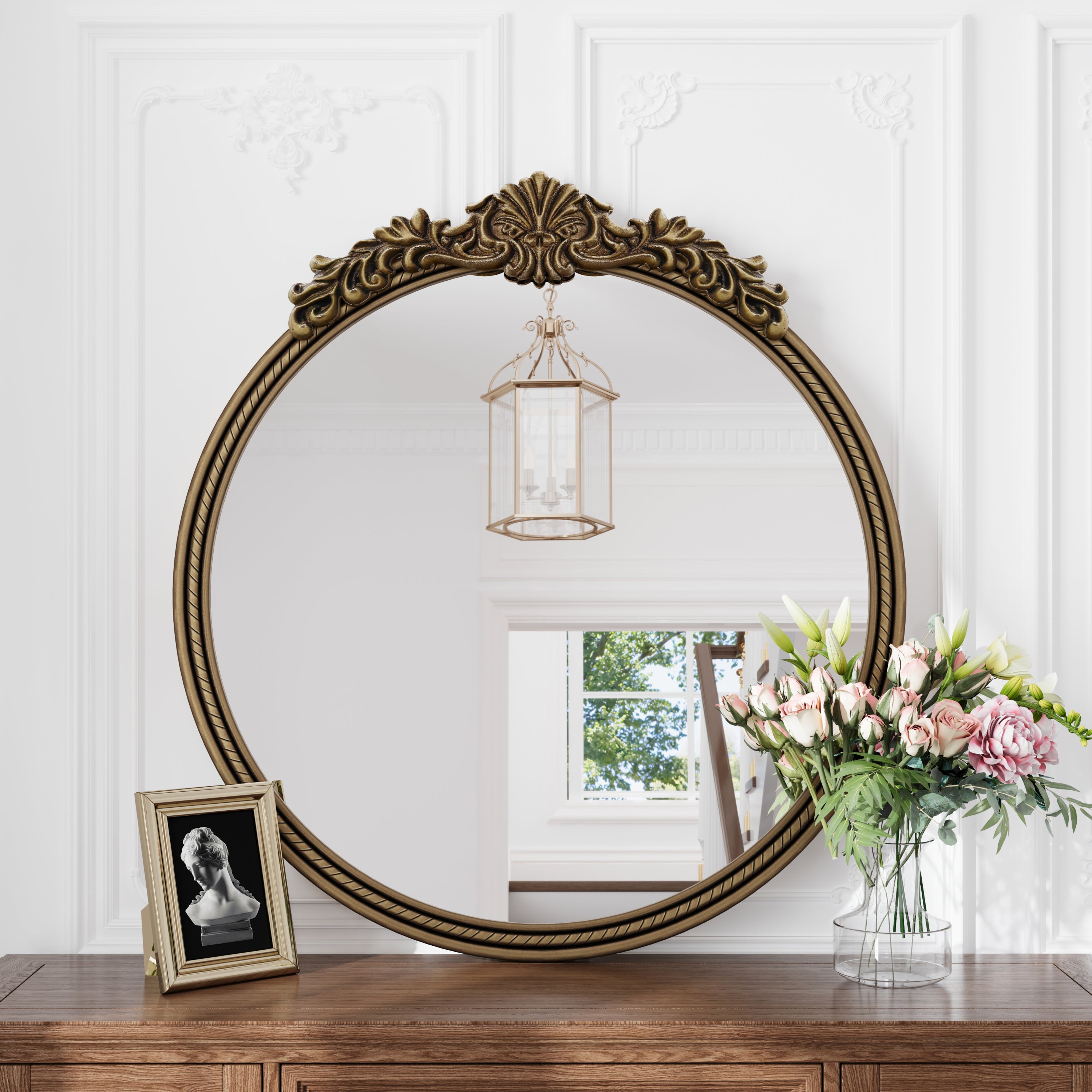Round Wall Mirror, 33.27 in, Antique Gold Relief Frame