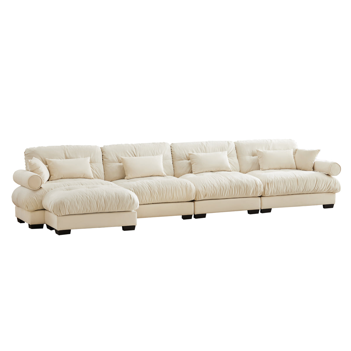 Cream Velvet Sectional Couch with Ottoman