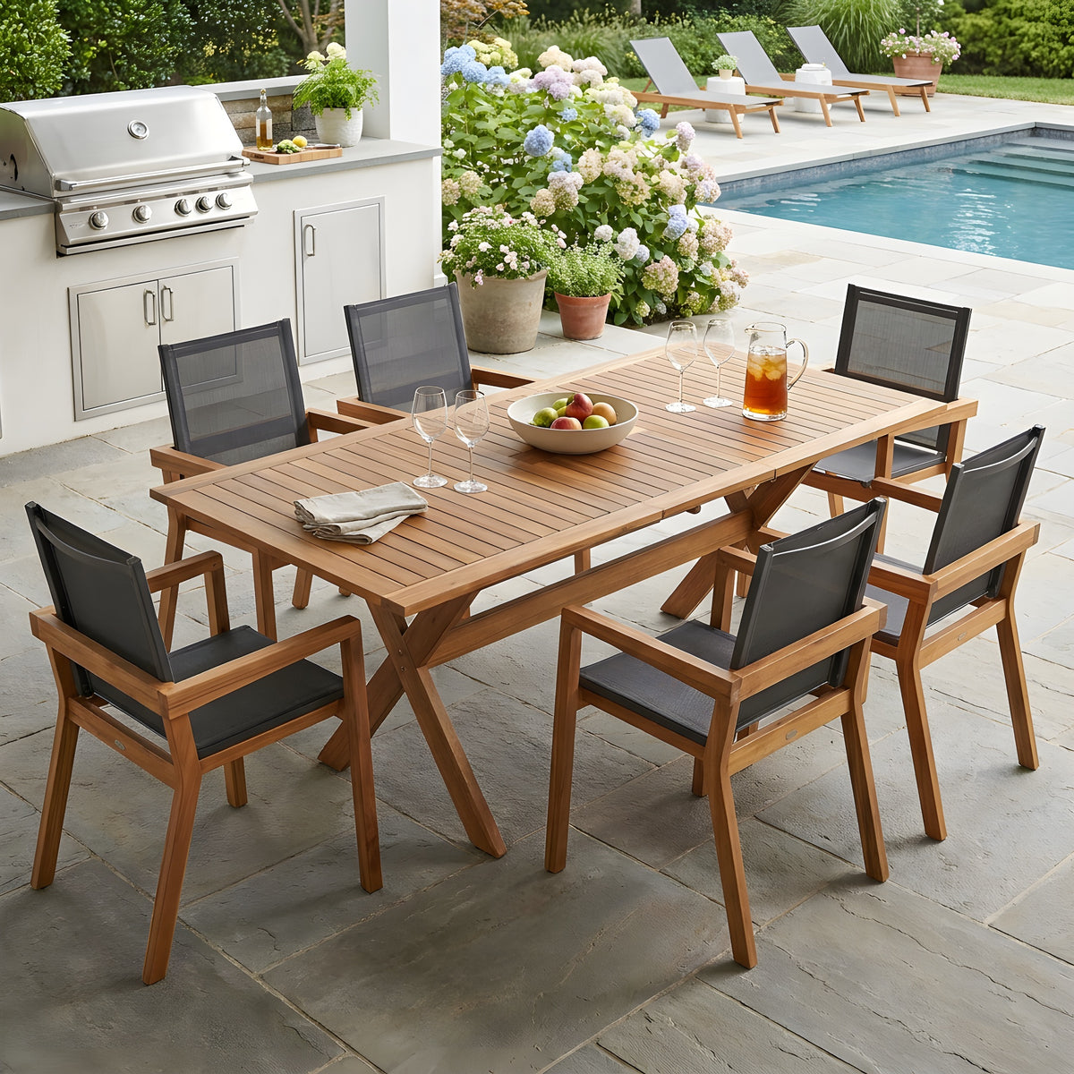 Teak Finish Solid Wood 7-Piece Patio Dining Set for 6