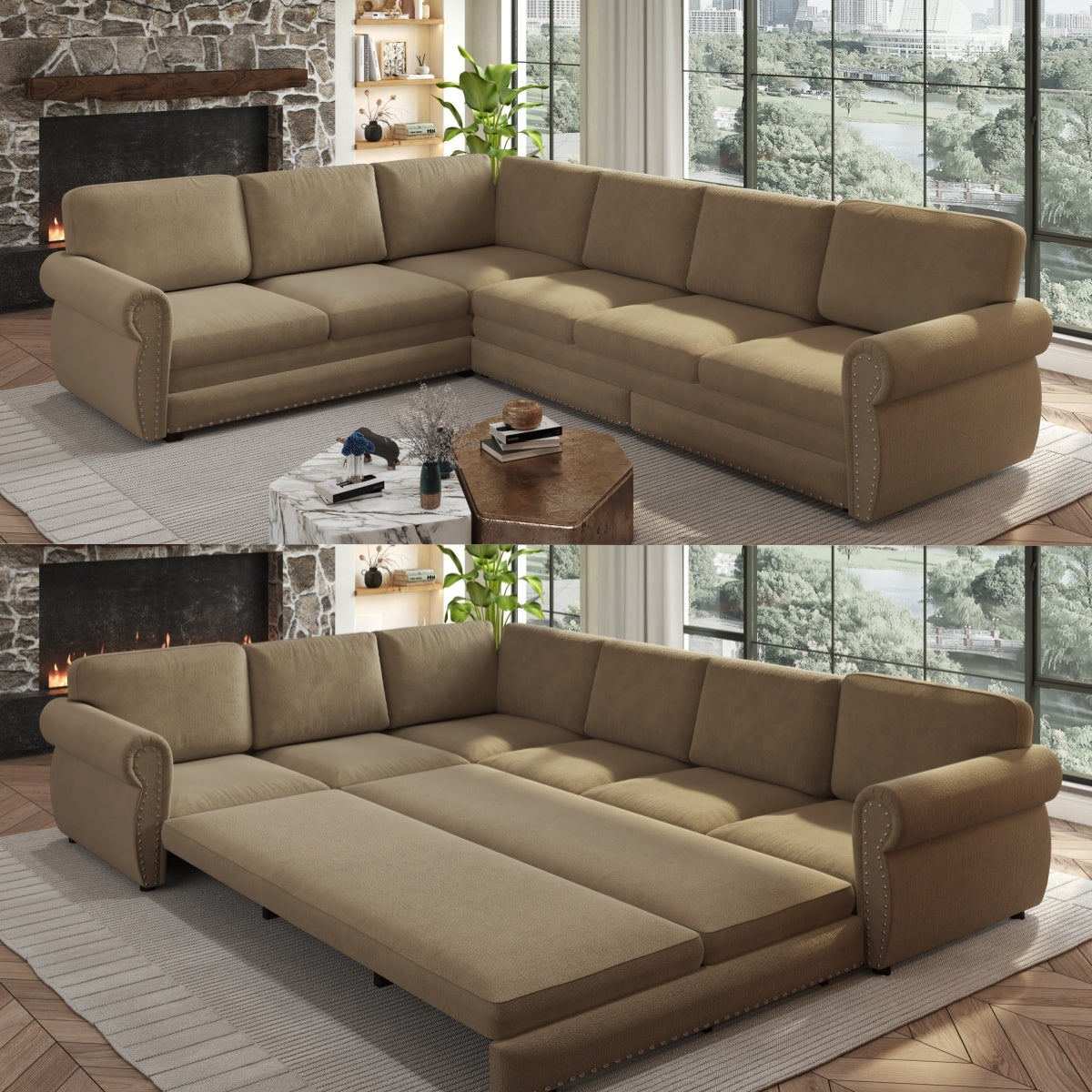 Camel Chenille L-Shaped Sleeper Sectional, 118 in Wide