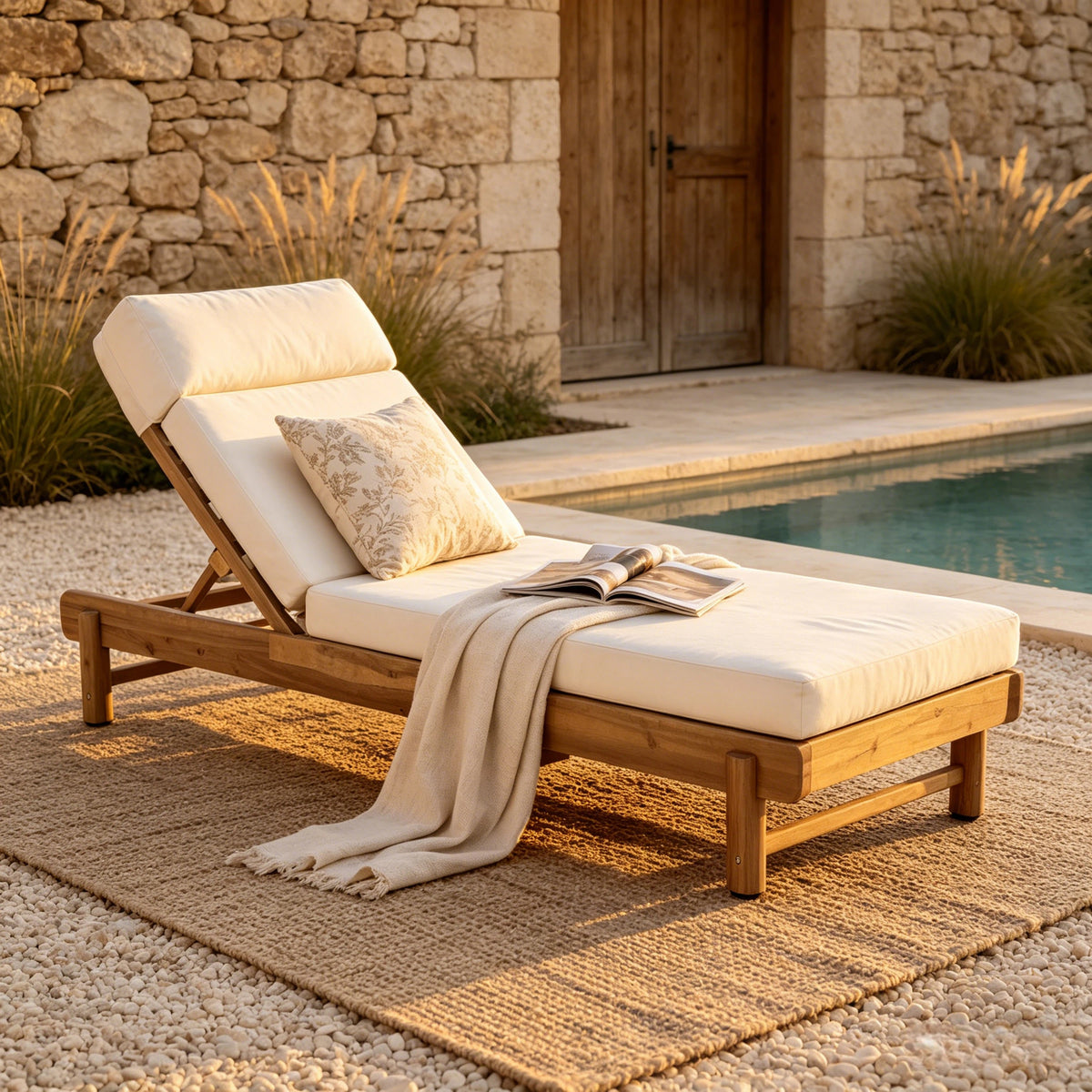 Teak Finish Solid Wood Outdoor Chaise Lounge, Cream Cushion, 4-Fold Cushion