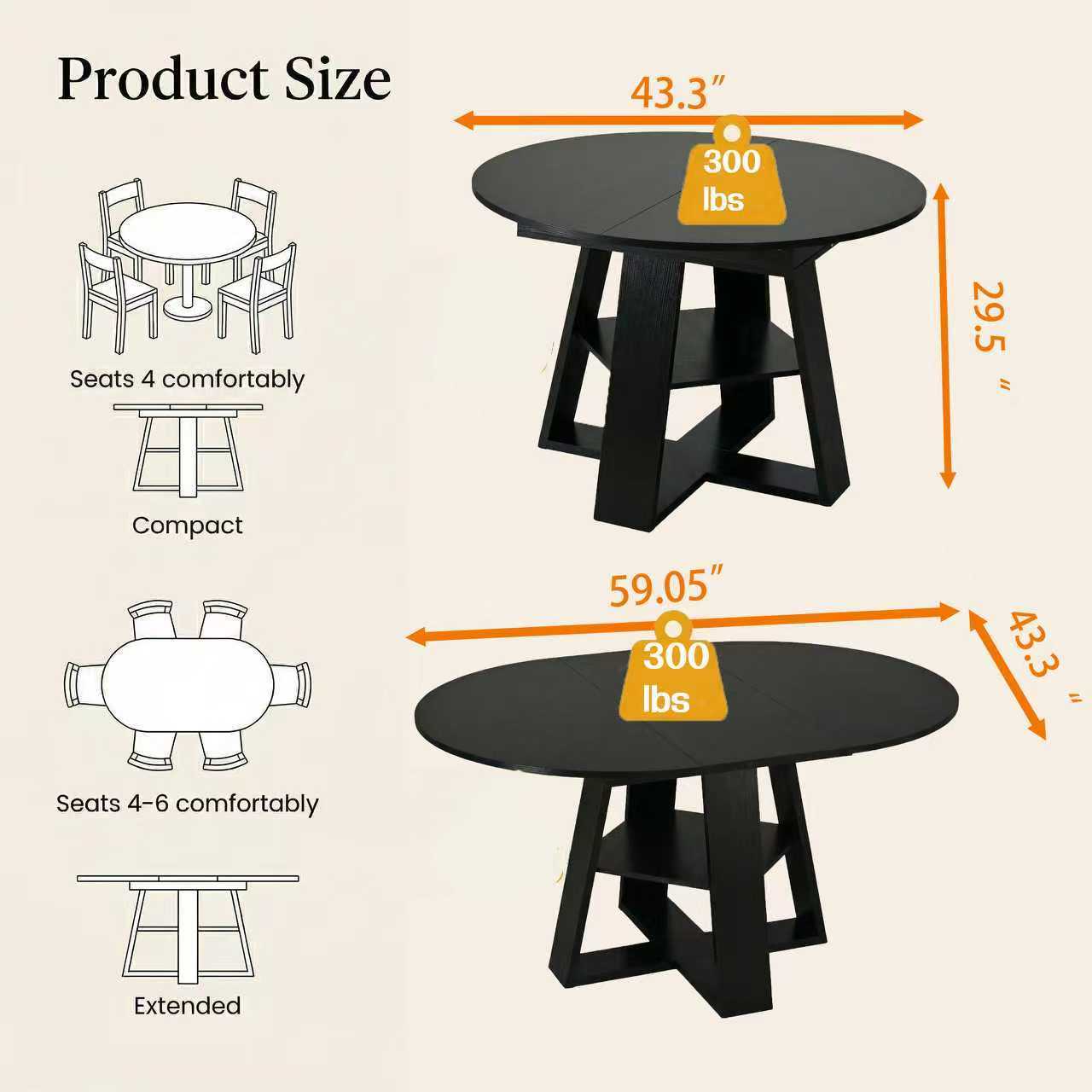 Dimension diagram, 43.3 inch round compact and 59.05 inch extended oval, 29.5 inch height
