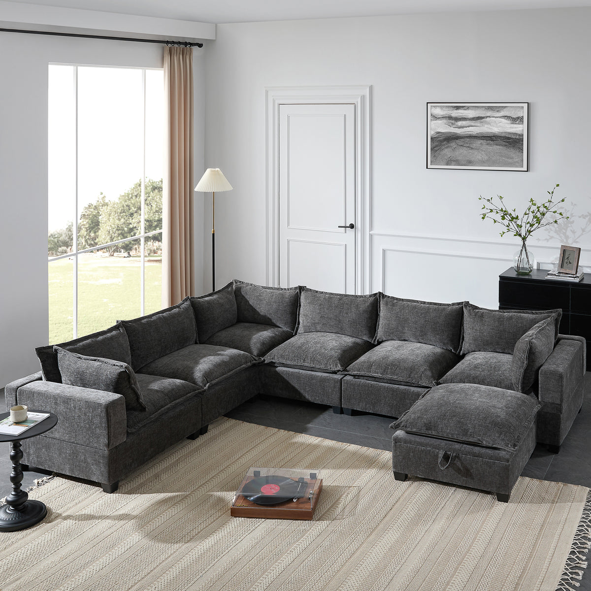 Gray Chenille L-Shaped Modular Sectional with Ottoman, 117.5 in Wide