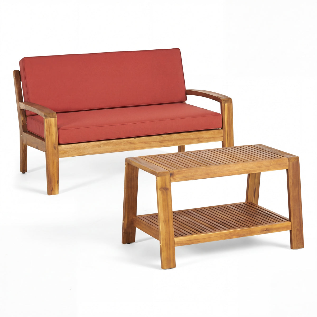 Teak Finish Solid Wood 2-Piece Patio Conversation Set with Red Cushions