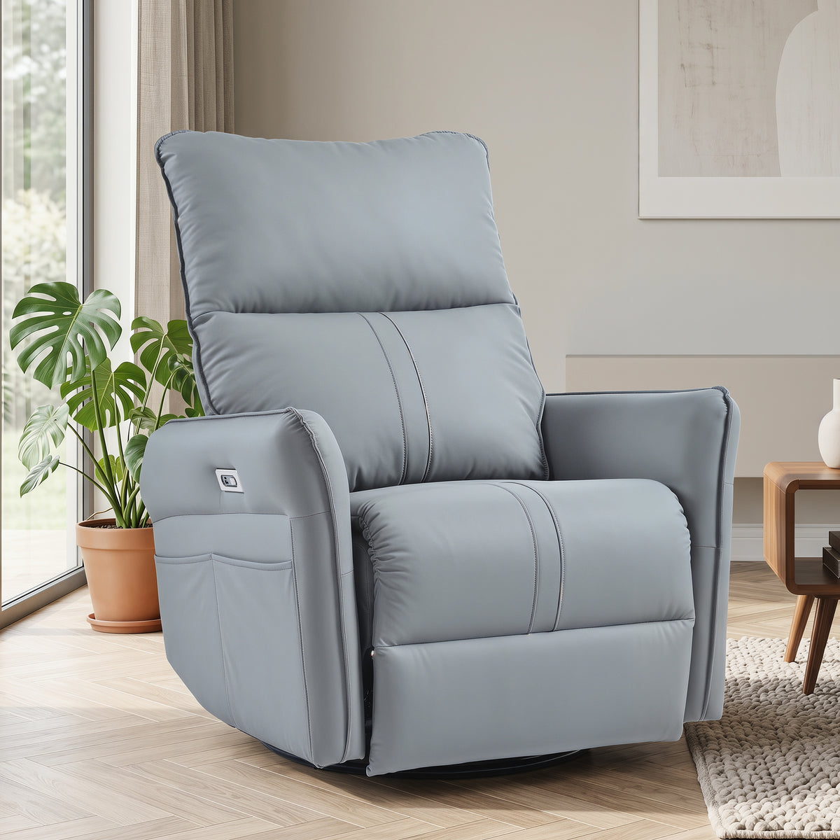 Gray Vegan Leather Power Swivel Rocker Recliner